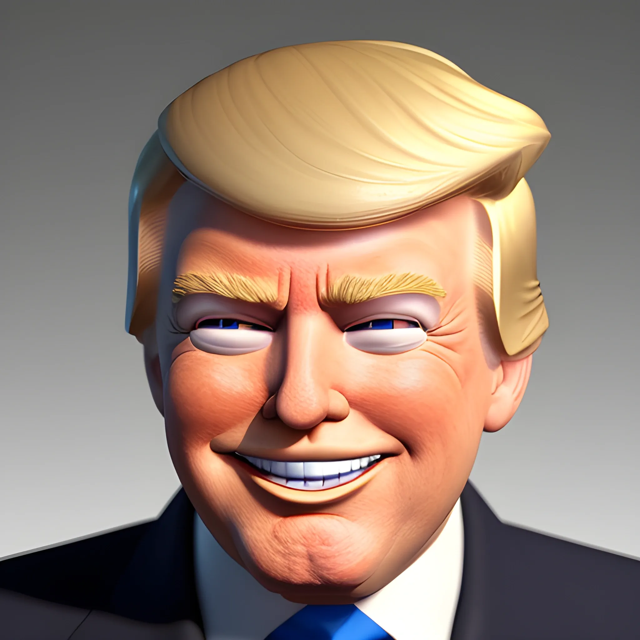 3D render of Happy Donald Trump gives a like with his hand looking straight into camera, he looks plastic,  his face isclear and he is in the artstyle of fortnite. He has a navy blue suit on with a red tie. He looks kind of goofy looking , half body shot , 3d ,3D , Cartoon  ,  exactly Donald trump faces , smile , he is happy,  Donald Trump  cute smile , Trump is happy, Trump with a smile , Trump eyes looks nice and perfect, perfect eyes  , opened eyes , Donald Trump laughingly  . Blue eyed Donald Trump , soft cel shaded , halftone Donald trump,  TRUMP , Trump,  Donald Trump , president Donald , Trump , perfect mouth , perfect eyes, smooth face, soft face, clear face , satisfying  , Donald J. Trump