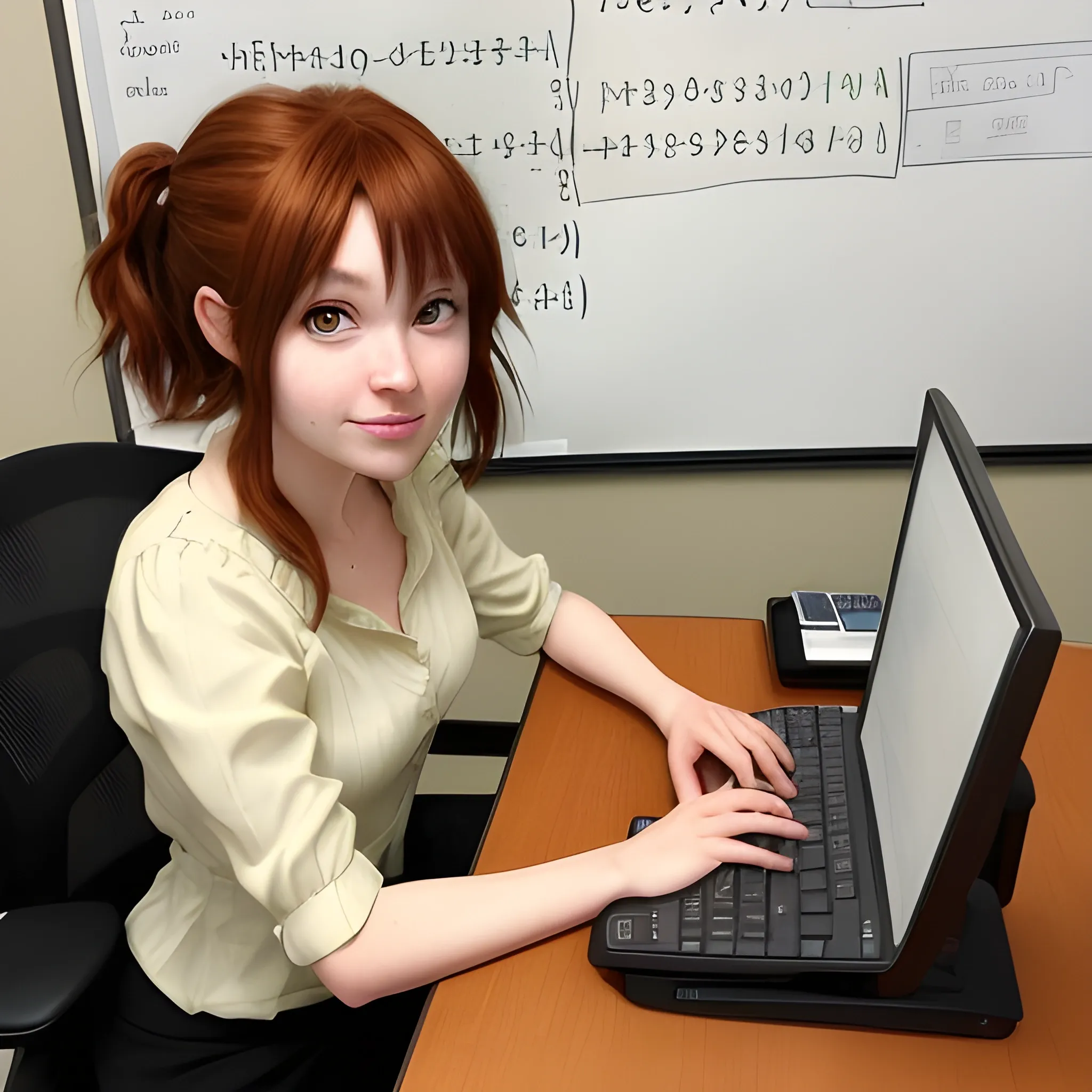 I need a picture of woman a 40 year old math teacher. His skin color is brown. With short reddish brown hair, she is sitting at a desk. the image must be anime style