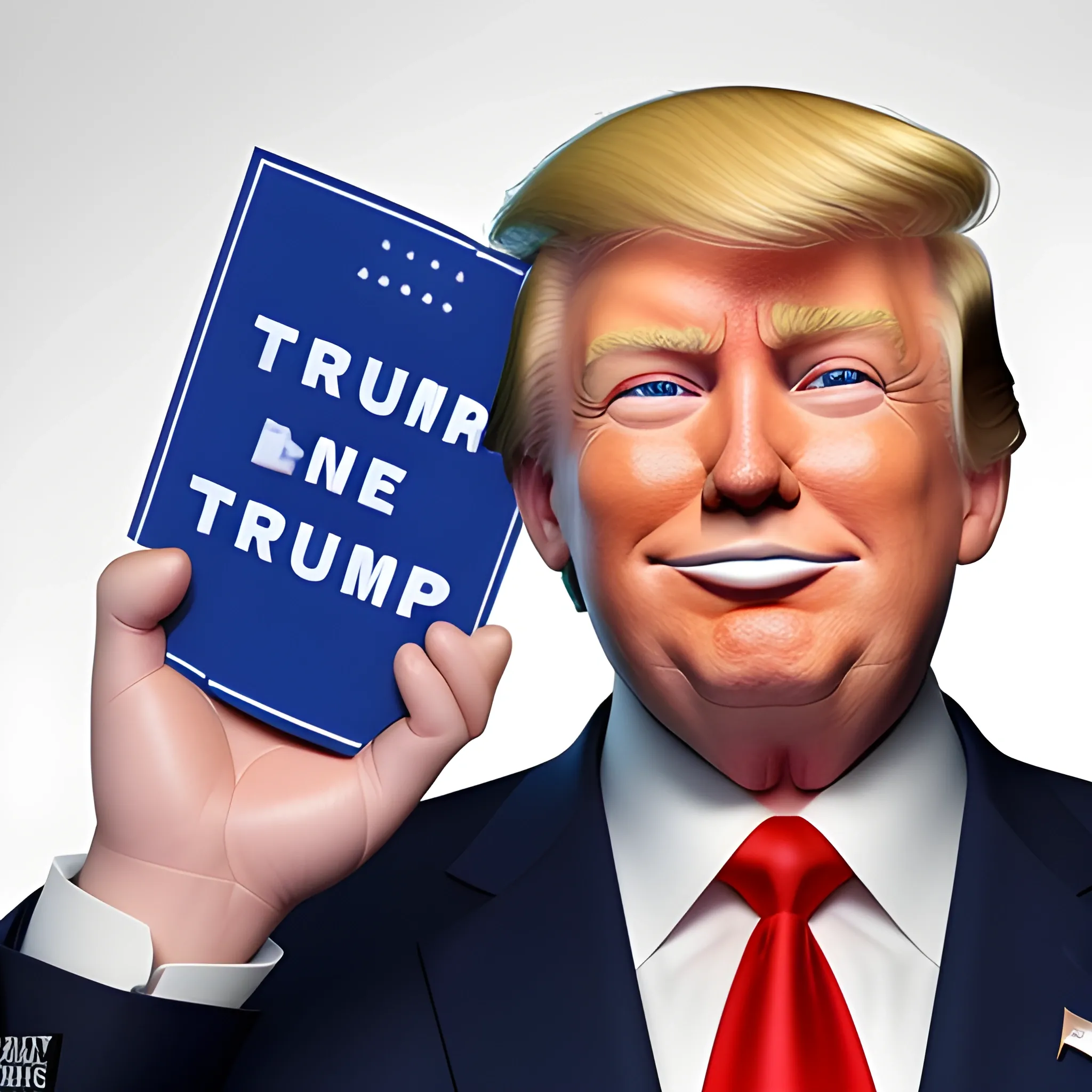 3D render of Happy Donald Trump gives a like with his hand looking straight into camera, he looks plastic,  his face isclear and he is in the artstyle of fortnite. He has a navy blue suit on with a red tie. He looks kind of goofy looking , half body shot , 3d ,3D , Cartoon  ,  exactly Donald trump faces , smile , he is happy,  Donald Trump  cute smile , Trump is happy, Trump with a smile , Trump eyes looks nice and perfect, perfect eyes  , opened eyes , Donald Trump laughingly  . Blue eyed Donald Trump , soft cel shaded , halftone Donald trump,  TRUMP , Trump,  Donald Trump , president Donald , Trump , perfect mouth , perfect eyes, smooth face, soft face, clear face , satisfying  , Donald J. Trump