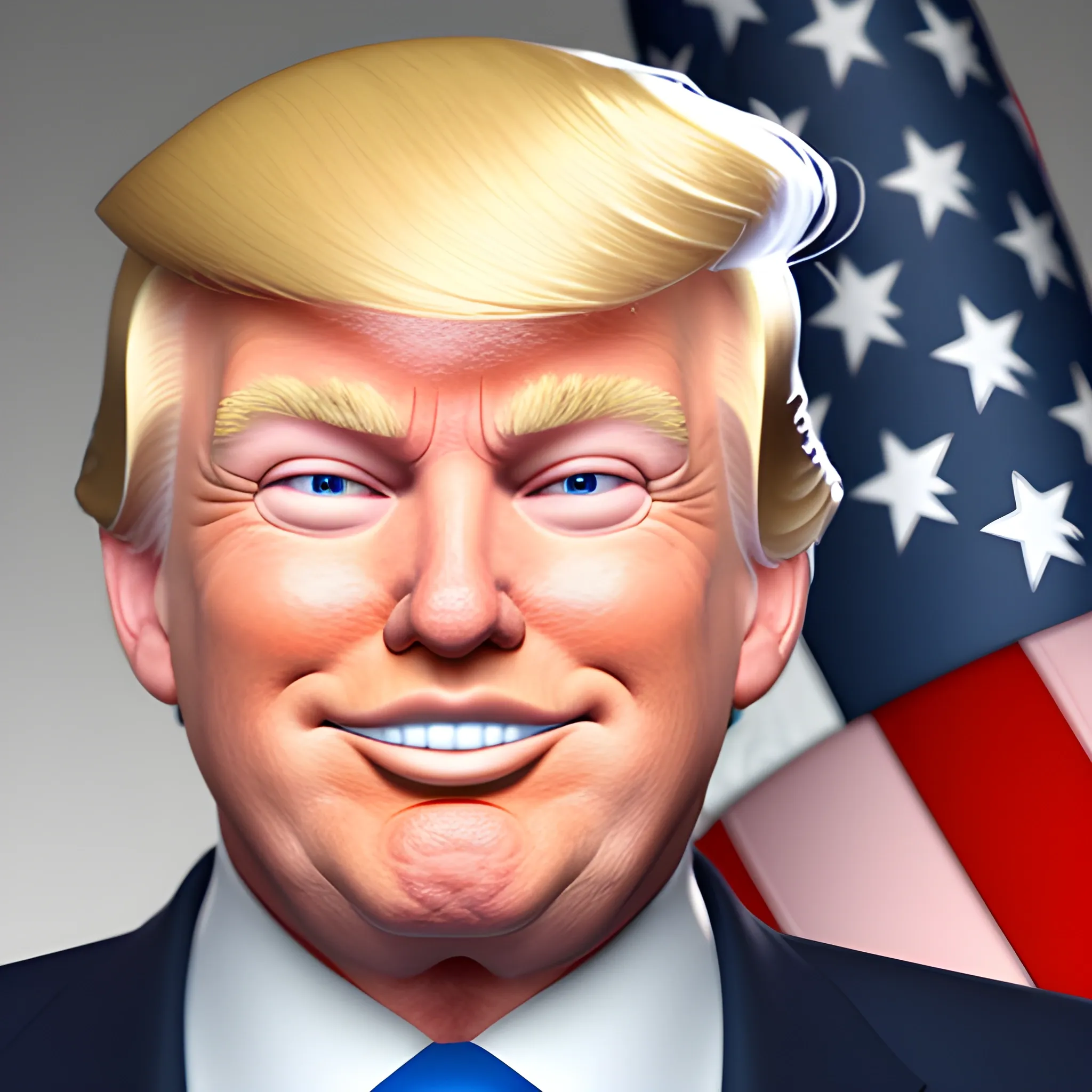 3D render of Happy Donald Trump gives a like with his hand looking straight into camera, he looks plastic,  his face isclear and he is in the artstyle of fortnite. He has a navy blue suit on with a red tie. He looks kind of goofy looking , half body shot , 3d ,3D , Cartoon  ,  exactly Donald trump faces , smile , he is happy,  Donald Trump  cute smile , Trump is happy, Trump with a smile , Trump eyes looks nice and perfect, perfect eyes  , opened eyes , Donald Trump laughingly  . Blue eyed Donald Trump , soft cel shaded , halftone Donald trump,  TRUMP , Trump,  Donald Trump , president Donald , Trump , perfect mouth , perfect eyes, smooth face, soft face, clear face , satisfying  , Donald J. Trump