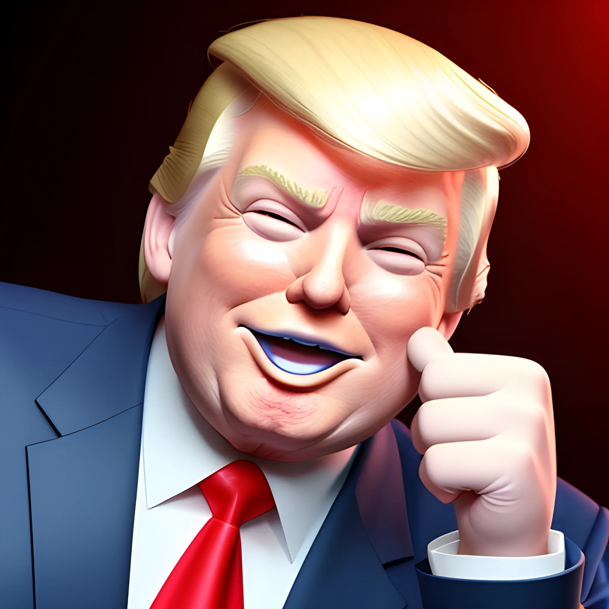 3D render of Happy Donald Trump gives a like with his hand looking straight into camera, he looks plastic,  his face isclear and he is in the artstyle of fortnite. He has a navy blue suit on with a red tie. He looks kind of goofy looking , half body shot , 3d ,3D , Cartoon  ,  exactly Donald trump faces , smile , he is happy,  Donald Trump  cute smile , Trump is happy, Trump with a smile , Trump eyes looks nice and perfect, perfect eyes  , opened eyes , Donald Trump laughingly  . Blue eyed Donald Trump , soft cel shaded , halftone Donald trump,  TRUMP , Trump,  Donald Trump , president Donald , Trump , perfect mouth , perfect eyes, smooth face, soft face, clear face , satisfying  , Donald J. Trump