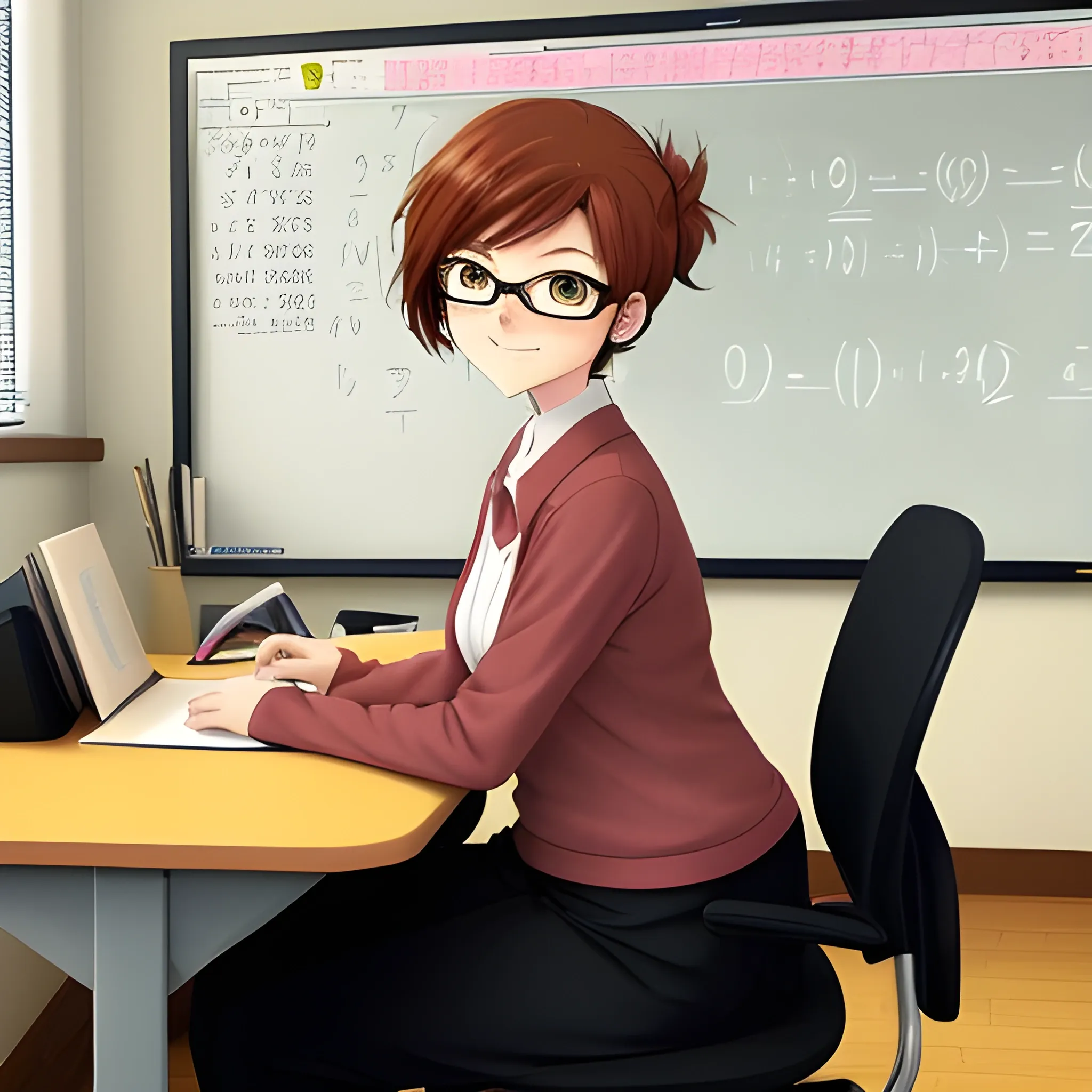 

I need to generate a cartoon photo of a 40-year-old female math teacher. with rounded face. His skin color is brown. With short reddish brown hair, she is sitting at a desk. the image must be anime style