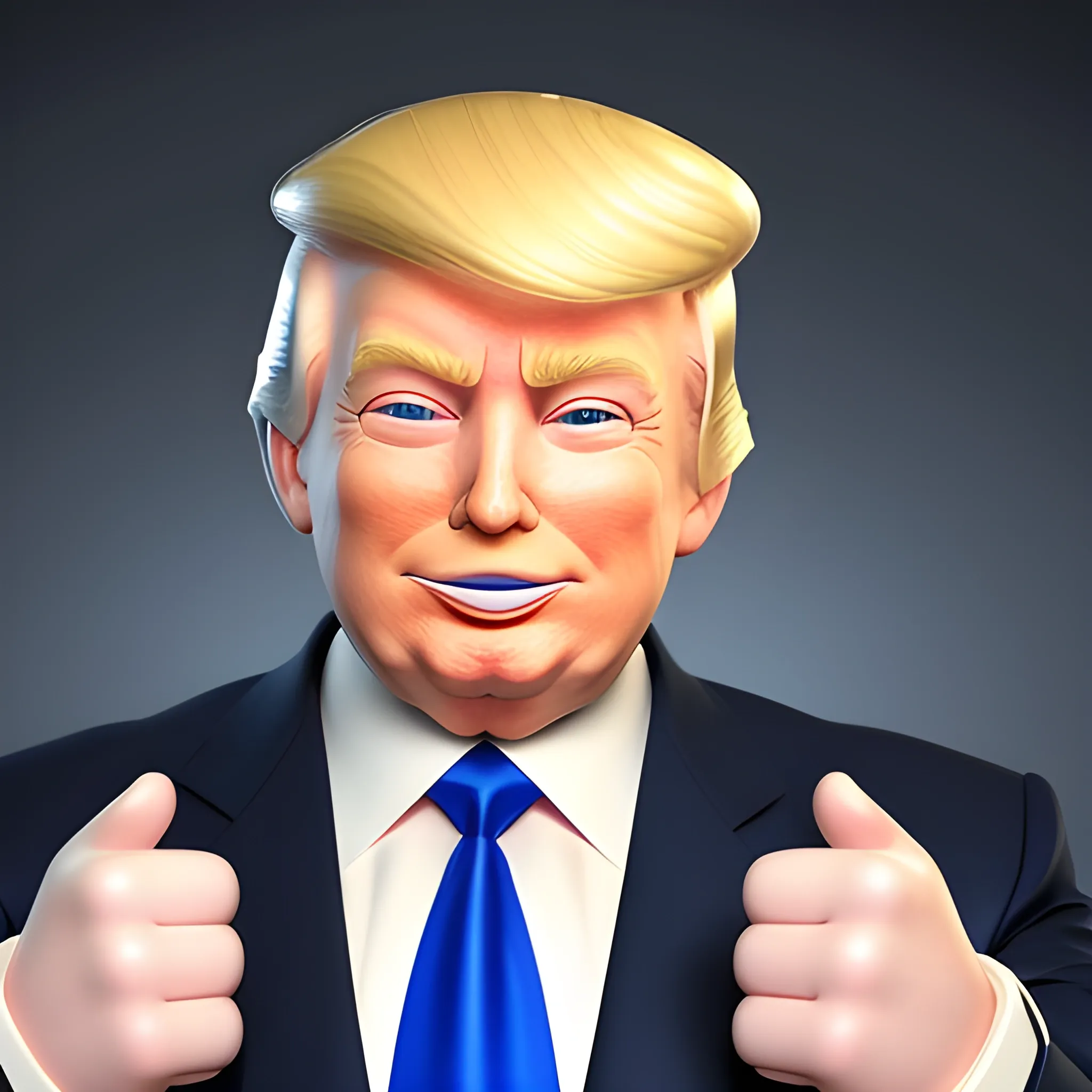 3D render of Happy Donald Trump gives a like with his hand looking straight into camera, he looks plastic,  his face isclear and he is in the artstyle of fortnite. He has a navy blue suit on with a red tie. He looks kind of goofy looking , half body shot , 3d ,3D , Cartoon  ,  exactly Donald trump faces , smile , he is happy,  Donald Trump  cute smile , Trump is happy, Trump with a smile , Trump eyes looks nice and perfect, perfect eyes  , opened eyes , Donald Trump laughingly  . Blue eyed Donald Trump , soft cel shaded , halftone Donald trump,  TRUMP , Trump,  Donald Trump , president Donald , Trump , perfect mouth , perfect eyes, smooth face, soft face, clear face , satisfying  , Donald J. Trump