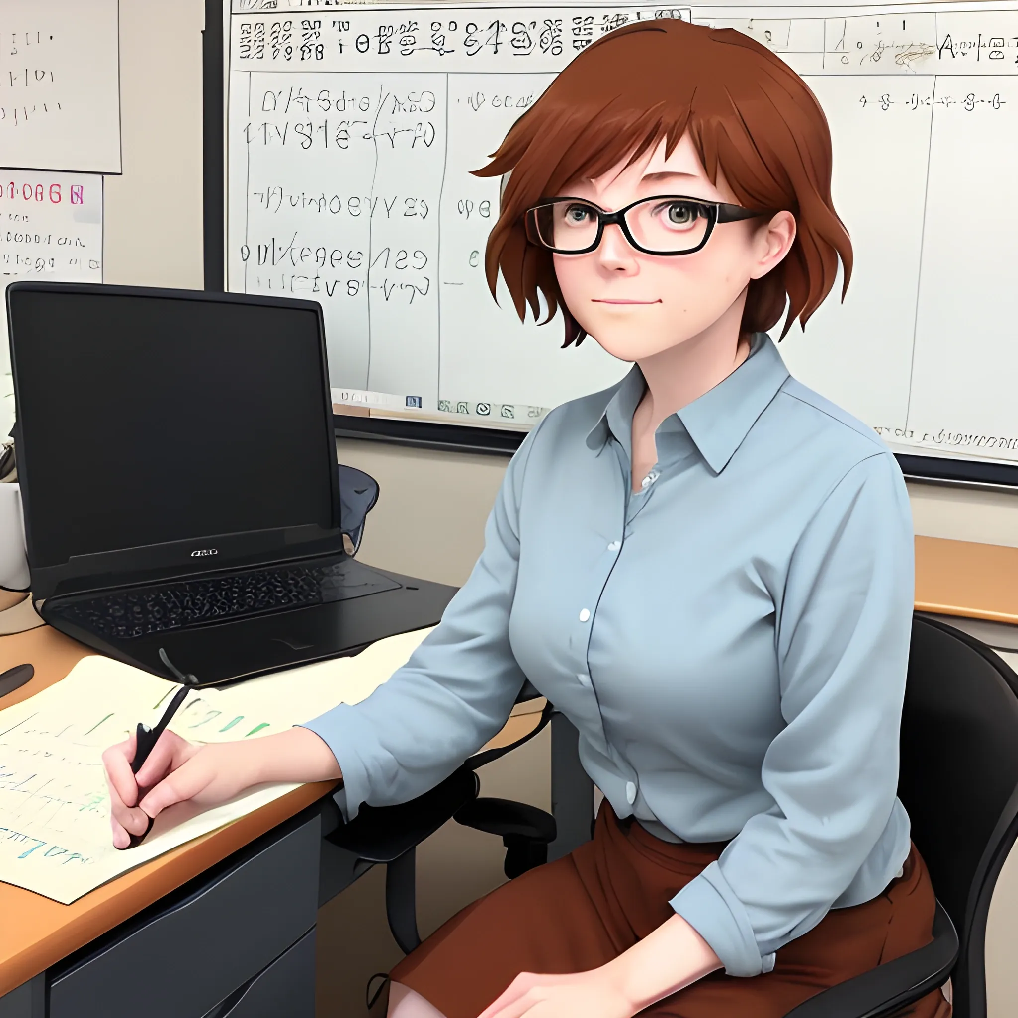 

I need to generate a cartoon photo of a 40-year-old female math teacher. He does not wear glasses, with a rounded face. His skin color is brown. With short reddish brown hair, she is sitting at a desk. the image must be anime style