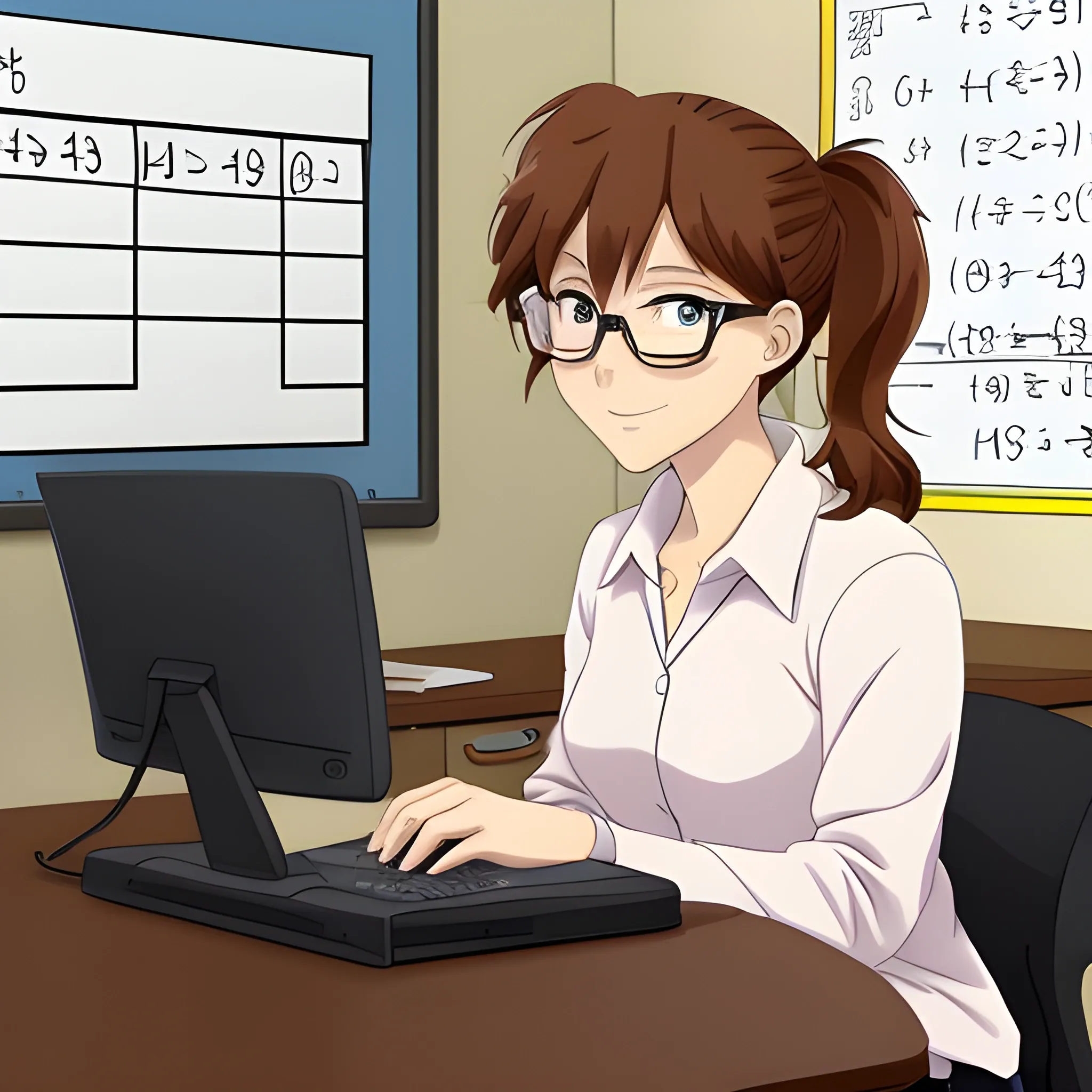 I need to generate a cartoon photo of a 40-year-old female math teacher. with a rounded face. His skin color is brown. With short reddish brown hair, she is sitting at a desk. the image must be anime style