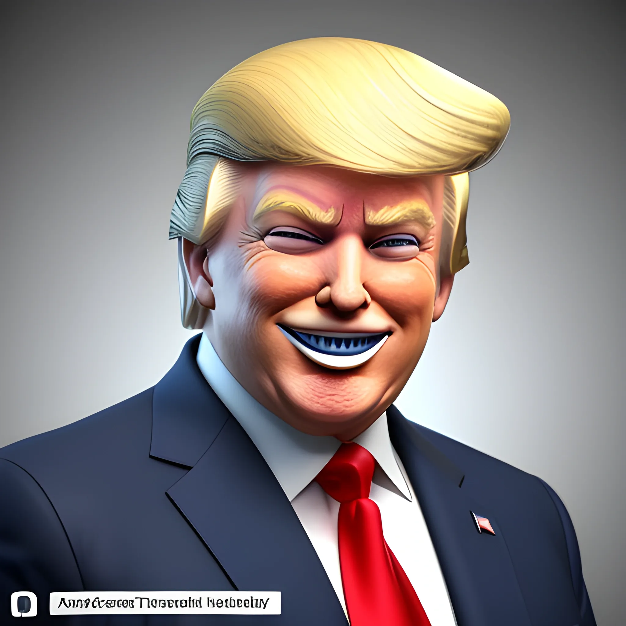 3D render of Happy Donald Trump gives a like with his hand looking straight into camera, he looks plastic,  his face isclear and he is in the artstyle of fortnite. He has a navy blue suit on with a red tie. He looks kind of goofy looking , half body shot , 3d ,3D , Cartoon  ,  exactly Donald trump faces , smile , he is happy,  Donald Trump  cute smile , Trump is happy, Trump with a smile , Trump eyes looks nice and perfect, perfect eyes  , opened eyes , Donald Trump laughingly  . Blue eyed Donald Trump , soft cel shaded , halftone Donald trump,  TRUMP , Trump,  Donald Trump , president Donald , Trump , perfect mouth , perfect eyes, smooth face, soft face, clear face , satisfying  , Donald J. Trump