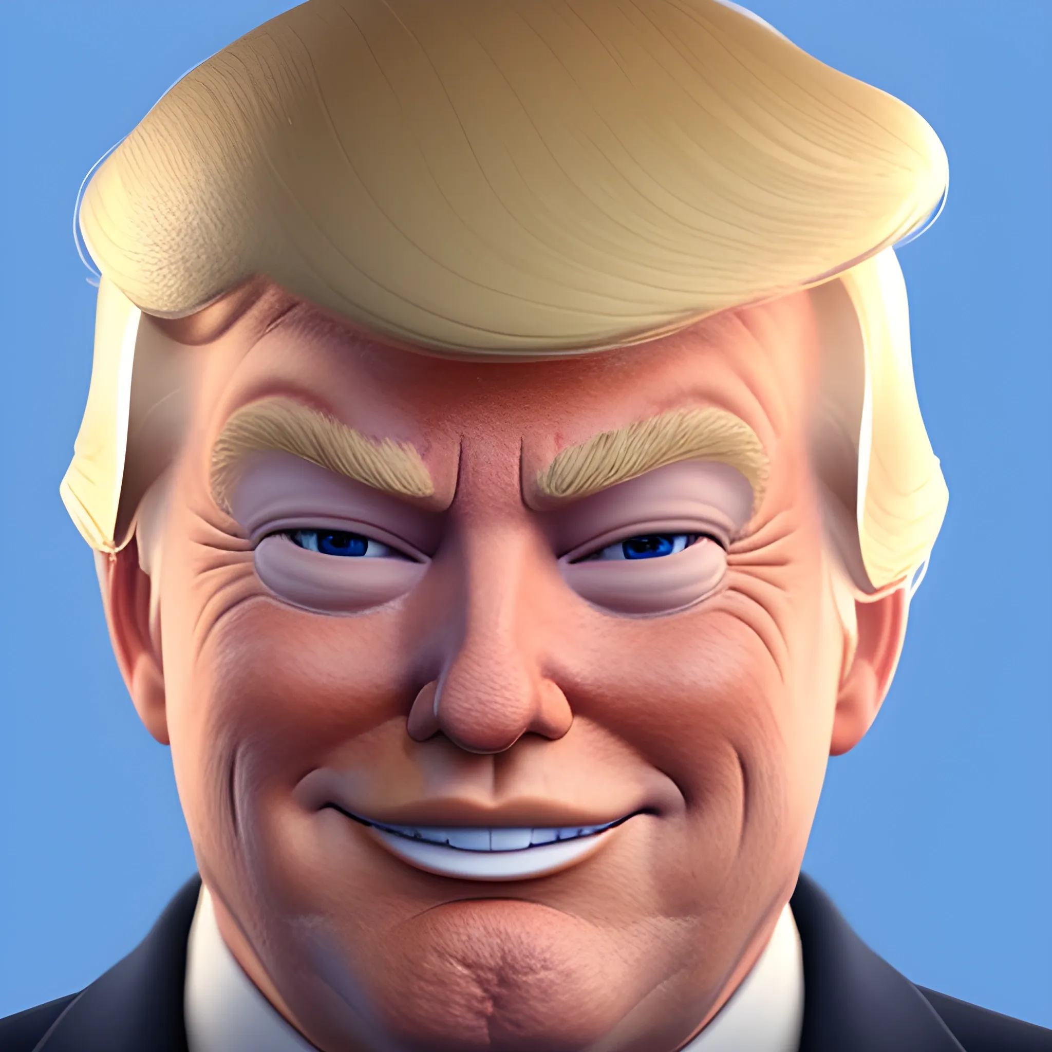 3D render of Happy Donald Trump gives a like with his hand looking straight into camera, he looks plastic,  his face isclear and he is in the artstyle of fortnite. He has a navy blue suit on with a red tie. He looks kind of goofy looking , half body shot , 3d ,3D , Cartoon  ,  exactly Donald trump faces , smile , he is happy,  Donald Trump  cute smile , Trump is happy, Trump with a smile , Trump eyes looks nice and perfect, perfect eyes  , opened eyes , Donald Trump laughingly  . Blue eyed Donald Trump , soft cel shaded , halftone Donald trump,  TRUMP , Trump,  Donald Trump , president Donald , Trump , perfect mouth , perfect eyes, smooth face, soft face, clear face , satisfying  , Donald J. Trump