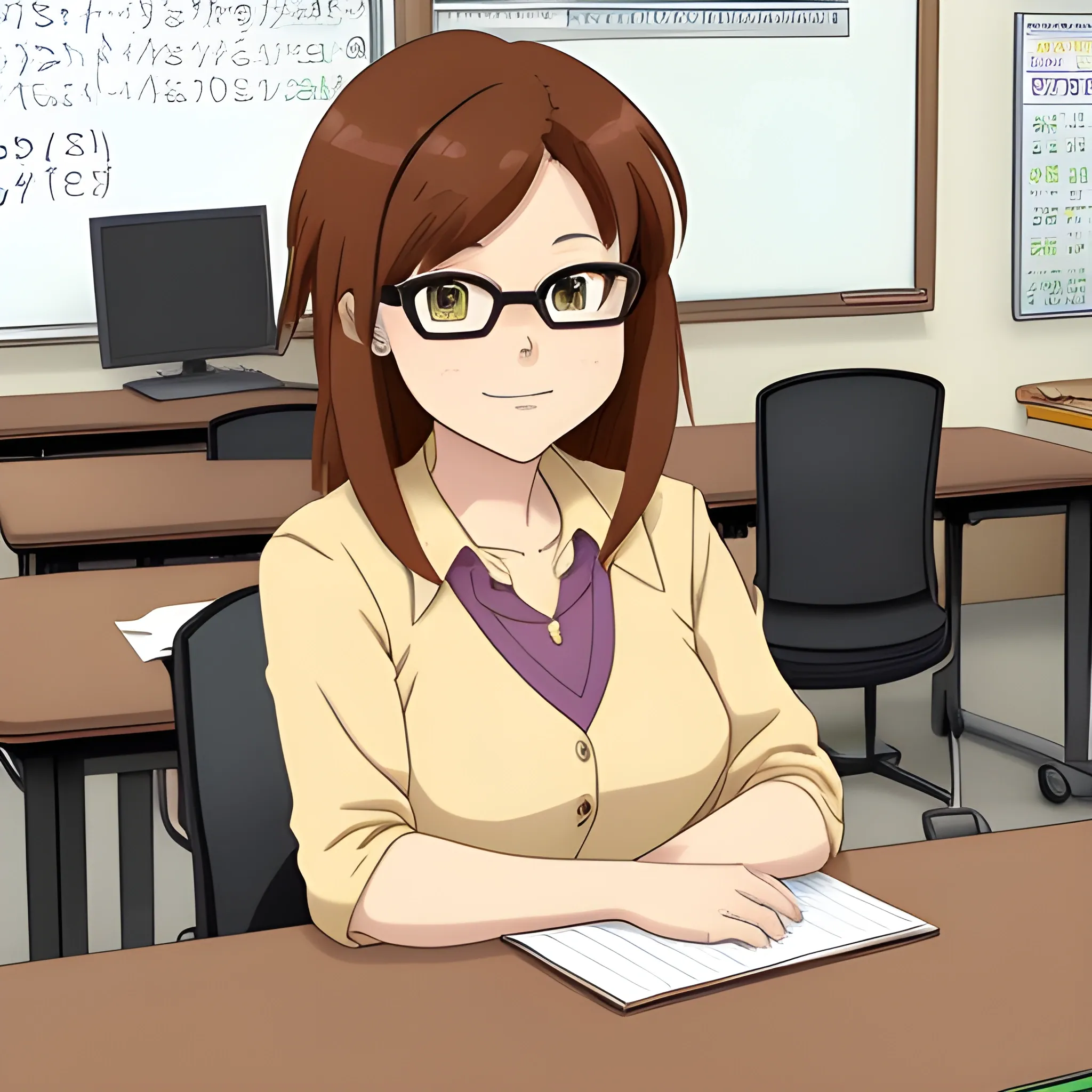 I need to generate a cartoon photo of a 40-year-old female math teacher. Non-glasses, with a round face. brown skin color. short, auburn hair, she is sitting at a desk. the image must be anime style