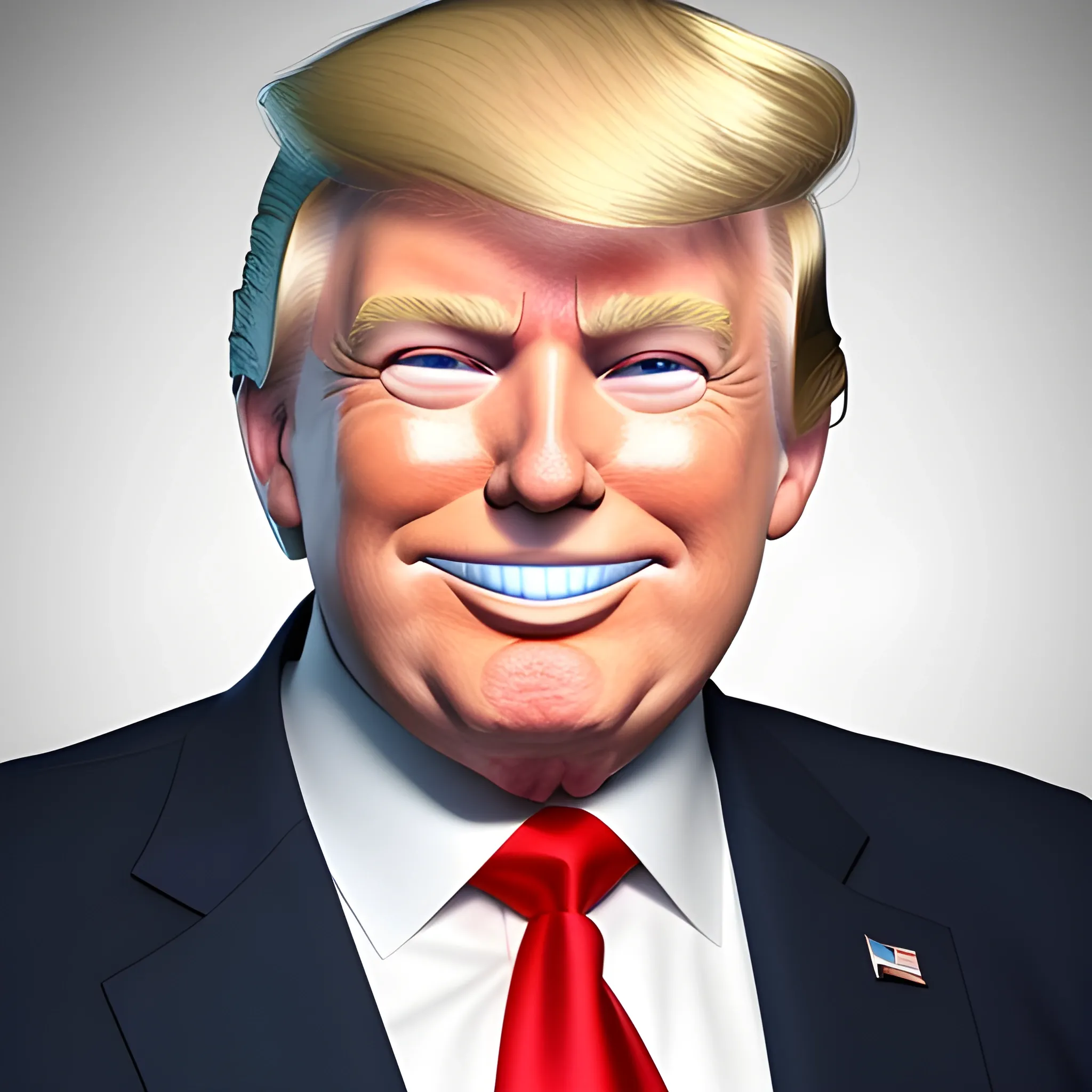 3D render of Happy Donald Trump gives a like with his hand looking straight into camera, he looks plastic,  his face isclear and he is in the artstyle of fortnite. He has a navy blue suit on with a red tie. He looks kind of goofy looking , half body shot , 3d ,3D , Cartoon  ,  exactly Donald trump faces , smile , he is happy,  Donald Trump  cute smile , Trump is happy, Trump with a smile , Trump eyes looks nice and perfect, perfect eyes  , opened eyes , Donald Trump laughingly  . Blue eyed Donald Trump , soft cel shaded , halftone Donald trump,  TRUMP , Trump,  Donald Trump , president Donald , Trump , perfect mouth , perfect eyes, smooth face, soft face, clear face , satisfying  , Donald J. Trump