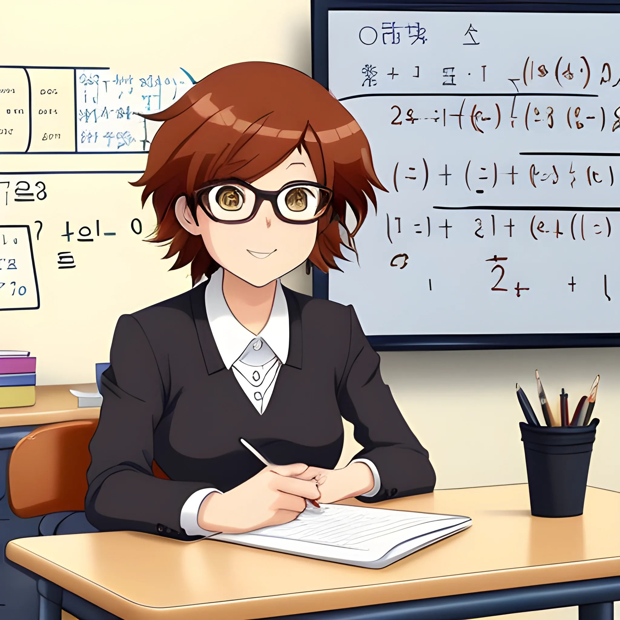 I need to generate a cartoon photo of a 40-year-old female math teacher.
 with a round face. brown skin color. short, auburn hair, she is sitting at a desk. the image must be anime style