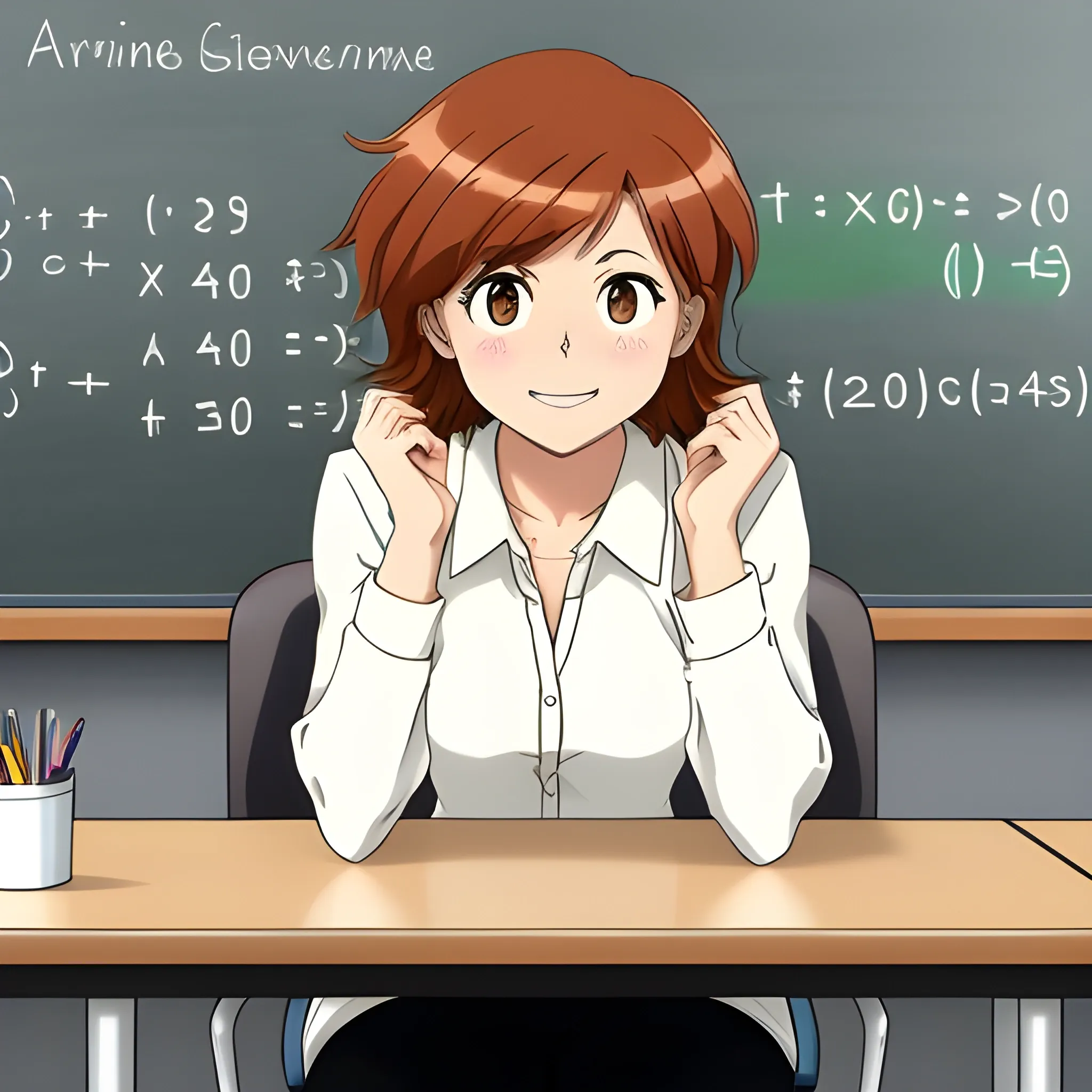 I need to generate a cartoon photo of a 40-year-old female math teacher.
 with a round face. brown skin color. short, auburn hair, she is sitting at a desk. the image must be anime style