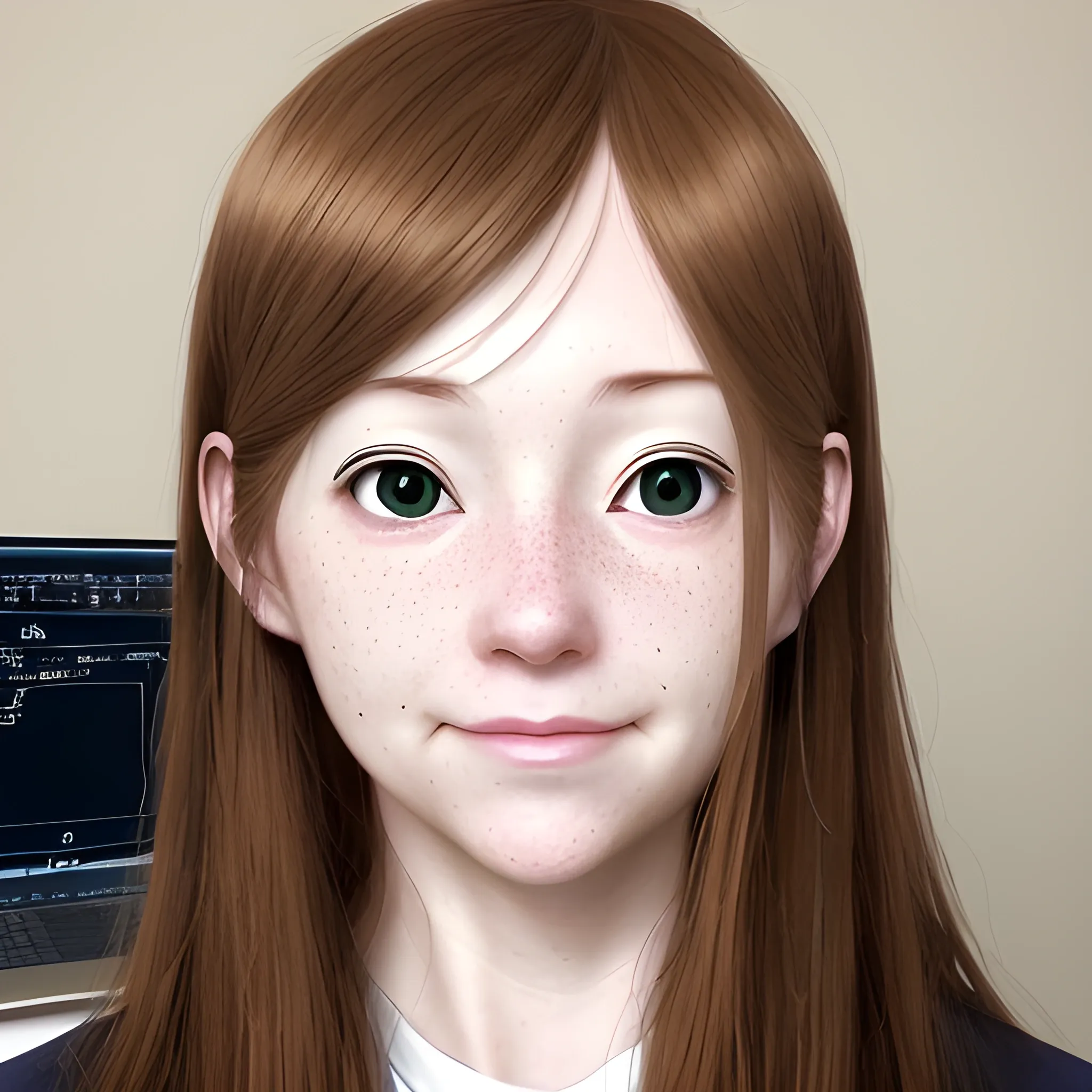 I need a generate an image a woman, computer science and robotics teacher. He is 40 years old. Oval face. white skin color with freckles. long, light brown hair. the image must be anime style