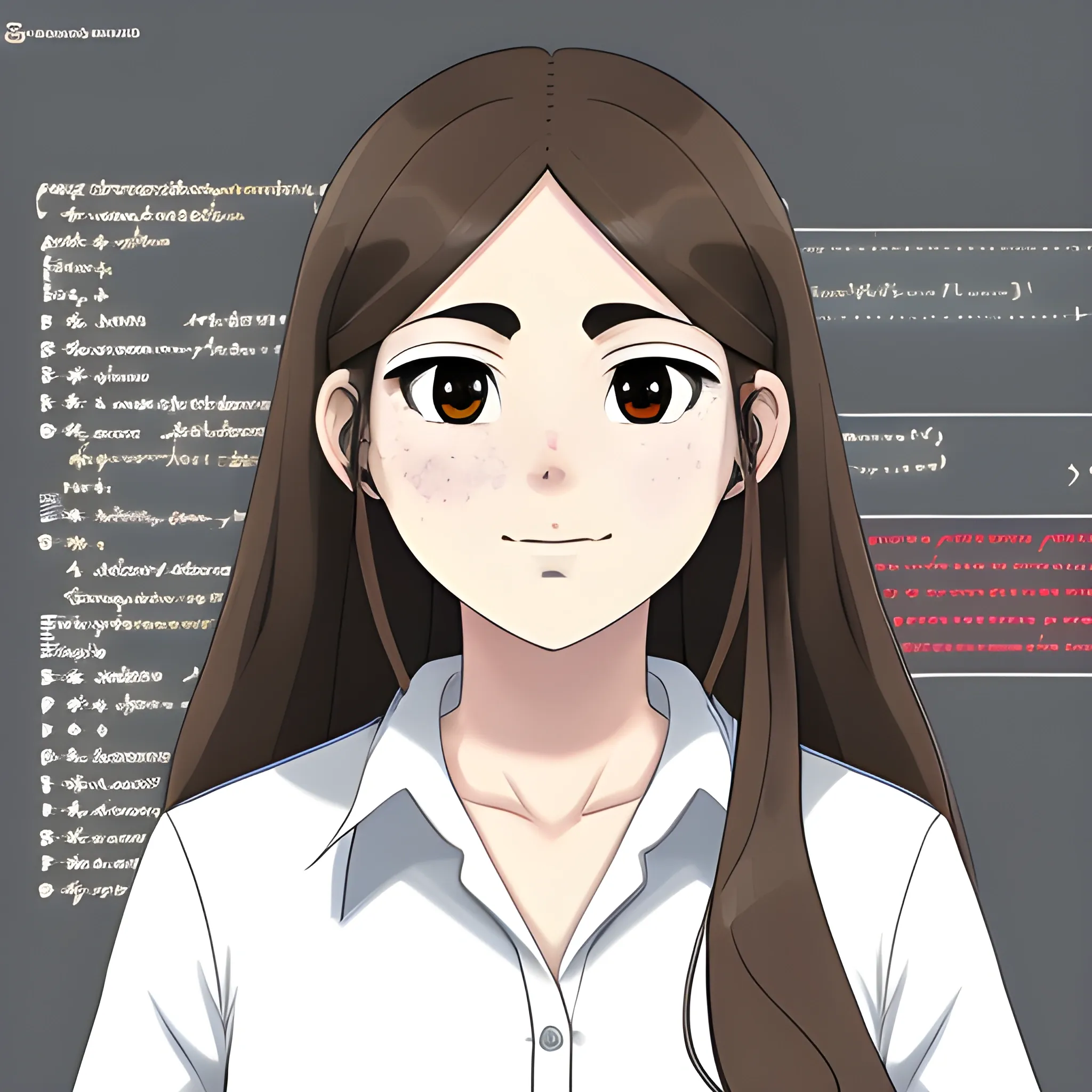 I need a generate an image a woman, computer science and robotics teacher. He is 40 years old. Spanish factions. oval face, big nose. white skin color with freckles. long hair and light brown color. wear a black shirt. the image must be anime style