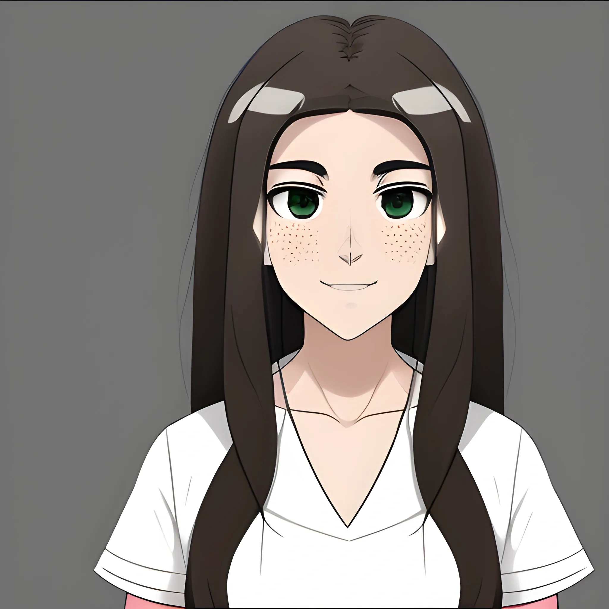 I need a generate an image a woman, computer science and robotics teacher. He is 40 years old. Spanish factions. oval face, big nose. white skin color with freckles. long hair and light brown color. wear a black shirt. the image must be anime style