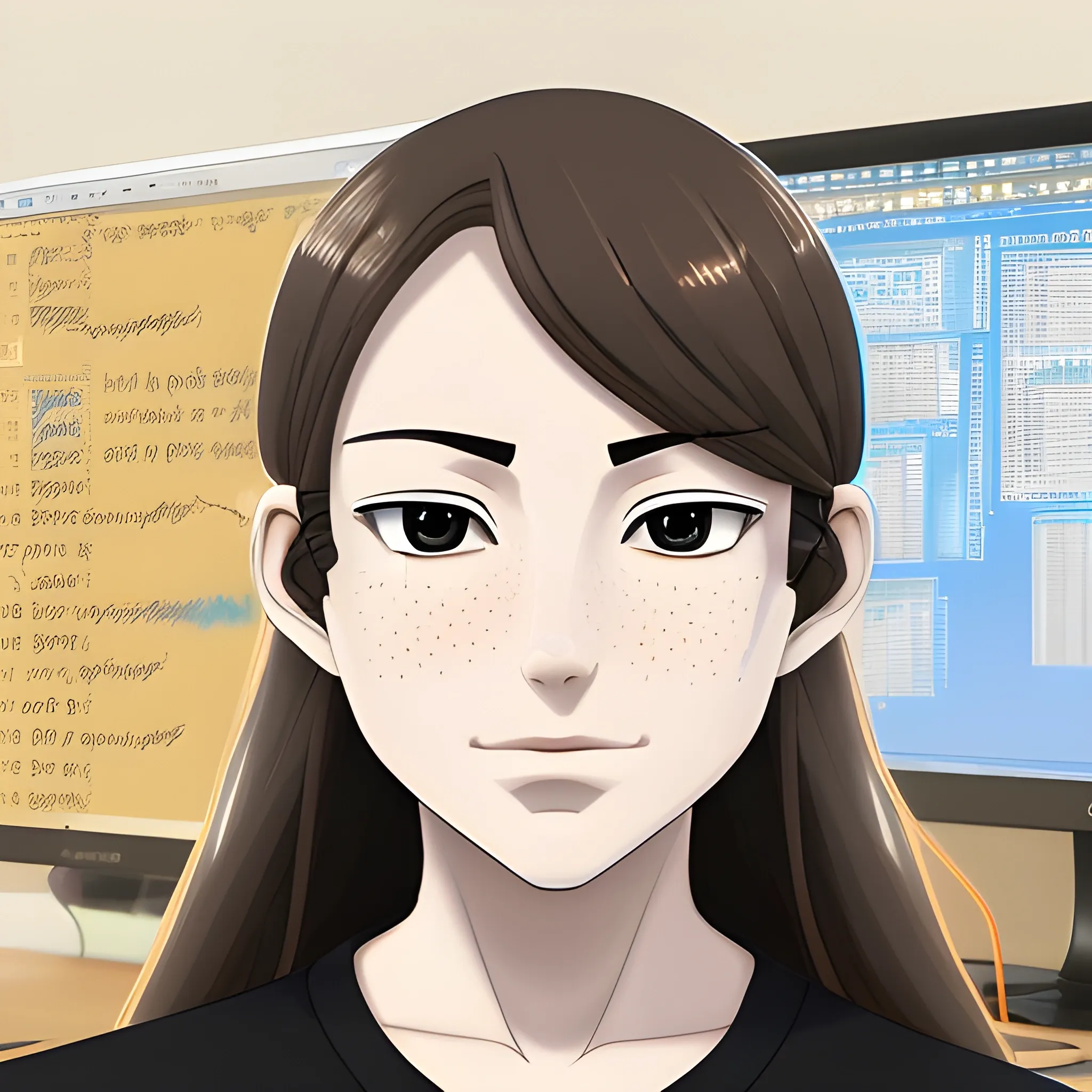 I need a generate an image a woman, computer science and robotics teacher. He is 40 years old. oval face, big nose. white skin color with freckles. long hair and light brown color. wear a black shirt. the image must be anime style