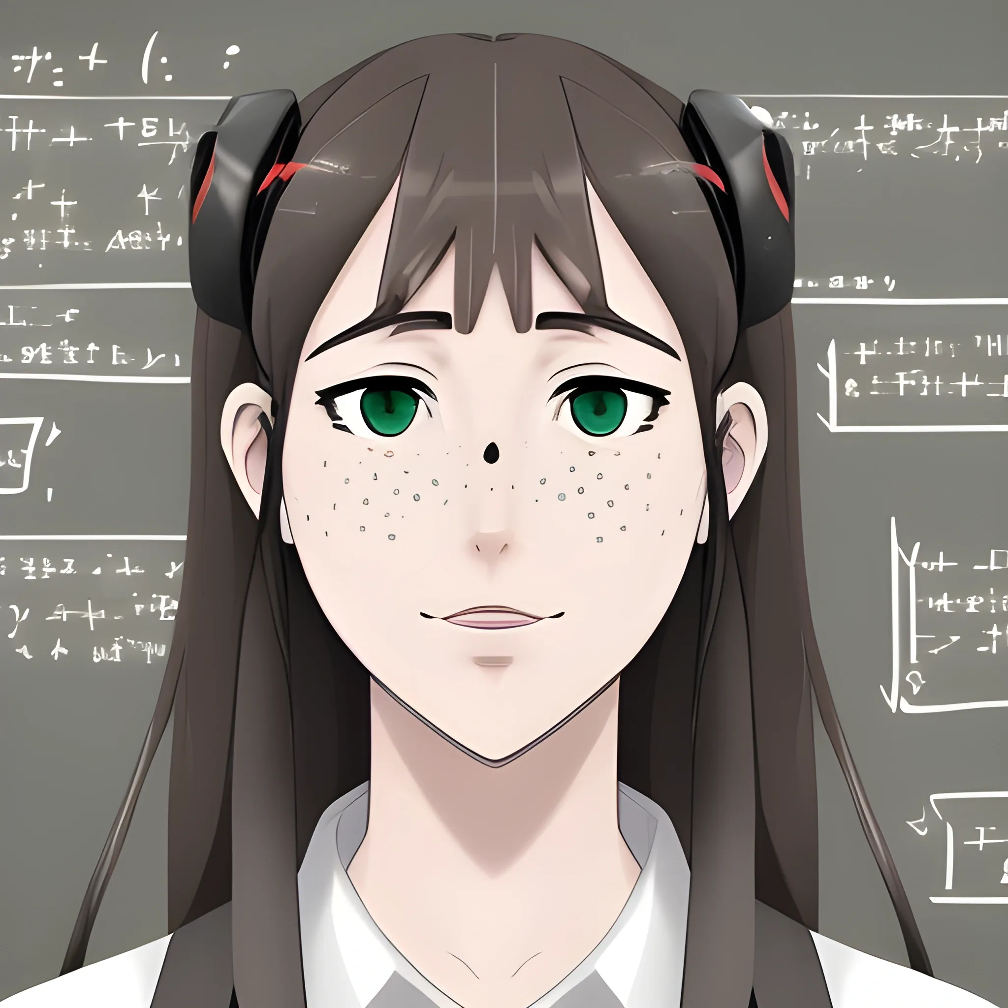 I need a generate an image a woman, computer science and robotics teacher. He is 40 years old. oval face, big nose. big lips. white skin color with freckles. long hair and light brown color. wear a black shirt. the image must be anime style