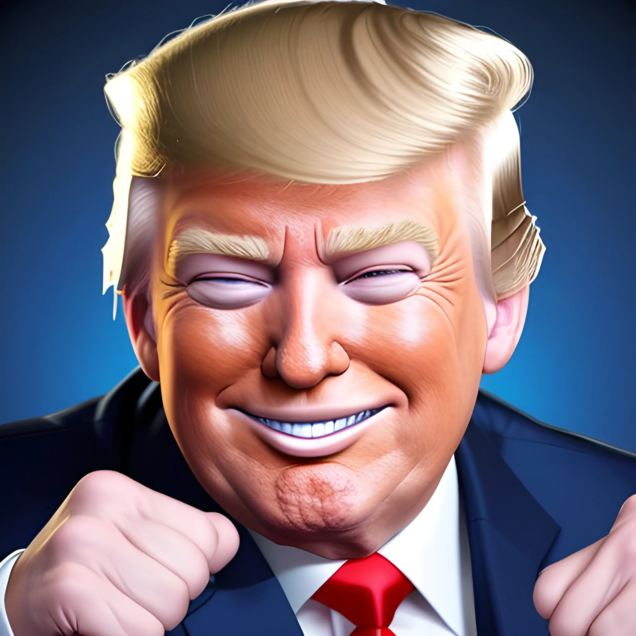 3D render of Happy Donald Trump gives a like with his hand looking straight into camera, he looks plastic,  his face isclear and he is in the artstyle of fortnite. He has a navy blue suit on with a red tie. He looks kind of goofy looking , half body shot , 3d ,3D , Cartoon  ,  exactly Donald trump faces , smile , he is happy,  Donald Trump  cute smile , Trump is happy, Trump with a smile , Trump eyes looks nice and perfect, perfect eyes  , opened eyes , Donald Trump laughingly  . Blue eyed Donald Trump , soft cel shaded , halftone Donald trump,  TRUMP , Trump,  Donald Trump , president Donald , Trump , perfect mouth , perfect eyes, smooth face, soft face, clear face , satisfying  , Donald J. Trump