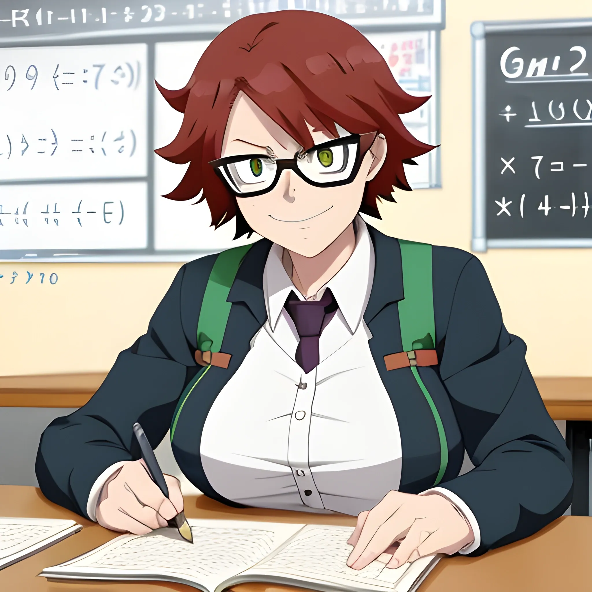 
a character from my hero academia, a round 40 year old woman with short reddish hair and dark eyes, a math teacher sitting at a desk