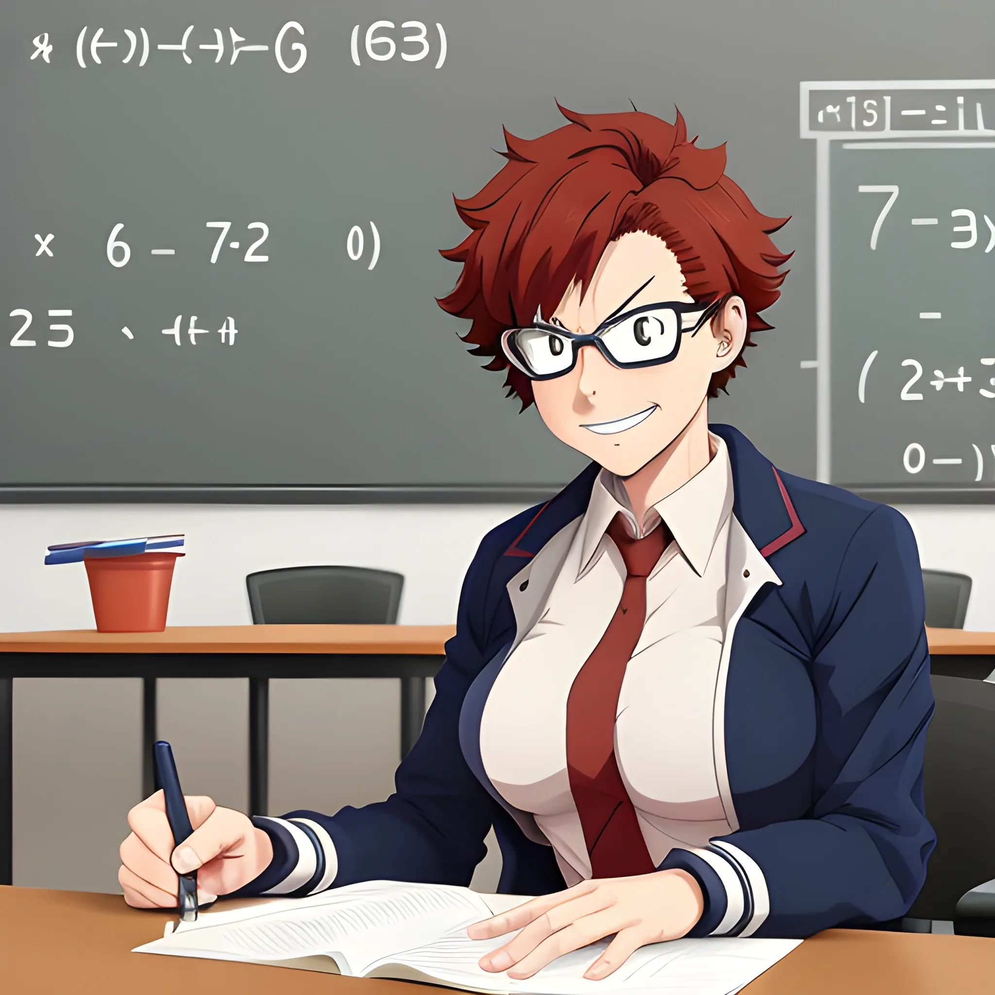 
a character from my hero academia, a round 40 year old woman with short reddish hair and dark eyes, a math teacher sitting at a desk