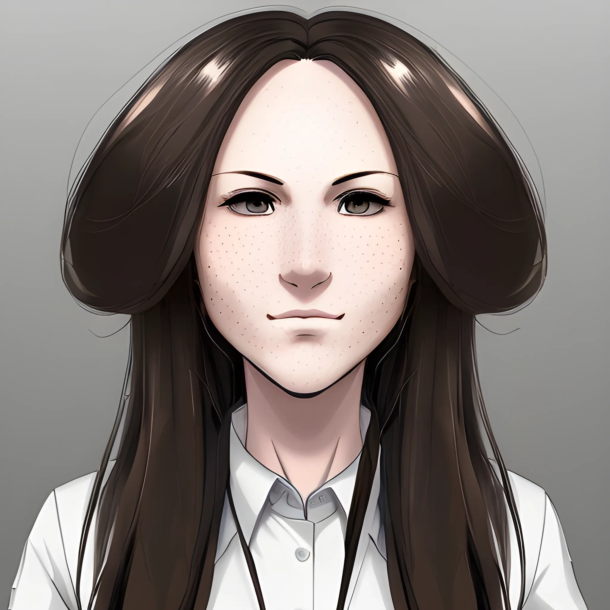 I need a generate an image a woman, computer science and robotics teacher. He is 40 years old. oval face, big nose. big lips. white skin color with freckles. long hair and light brown color. wear a black shirt. the image must be anime style, Cartoon