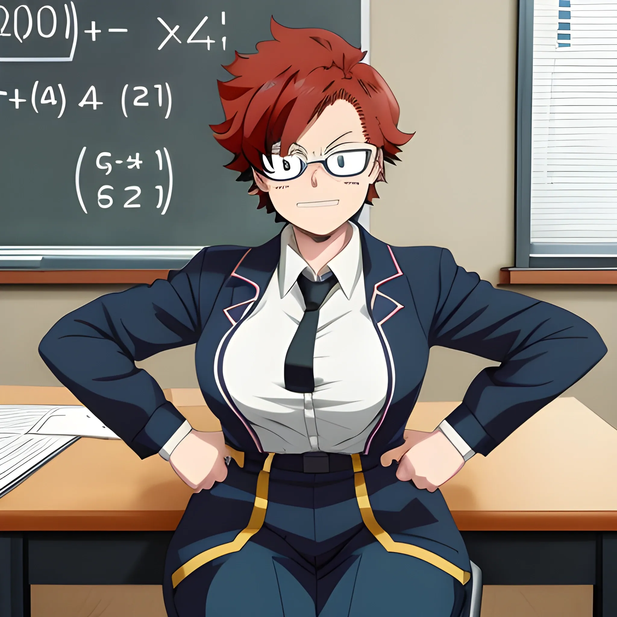 
a character from my hero academia, a round 40 year old woman with short reddish hair and dark eyes, a math teacher sitting at a desk