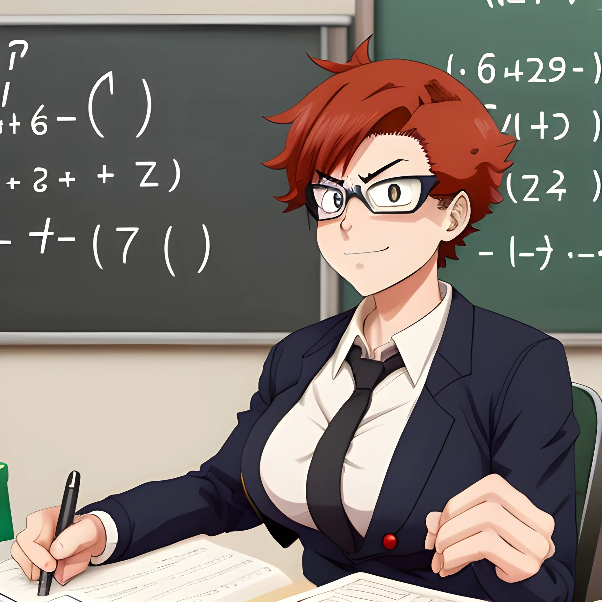 
a character from my hero academia, a round 40 year old woman with short reddish hair and dark eyes, a math teacher sitting at a desk.thick eyebrows