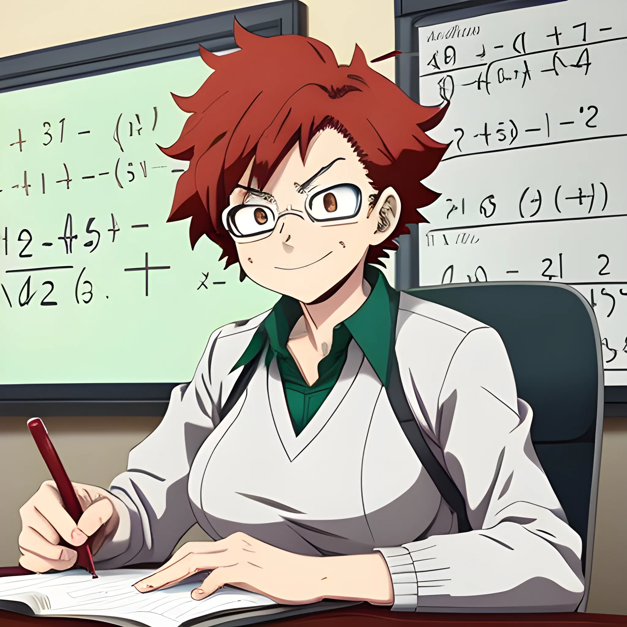 
a character from my hero academia, a round 40 year old woman with short reddish hair and dark eyes, a math teacher sitting at a desk.thick eyebrows y 
anime drawing.