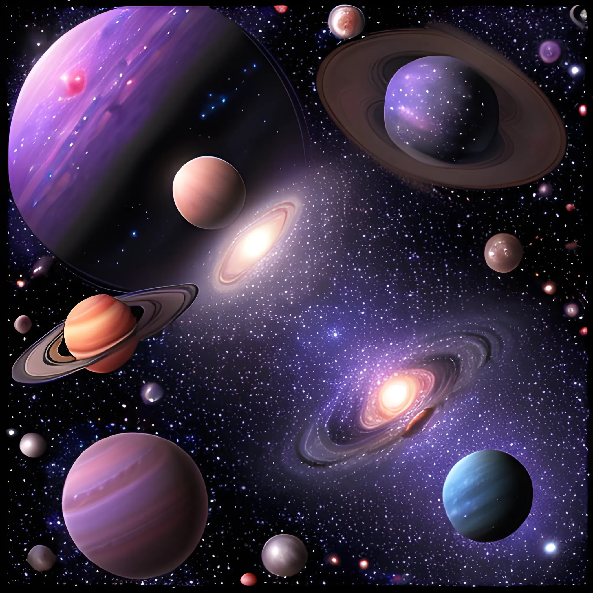 A cosmic scene with planets, stars, and galaxies, featuring deep blues and purples.