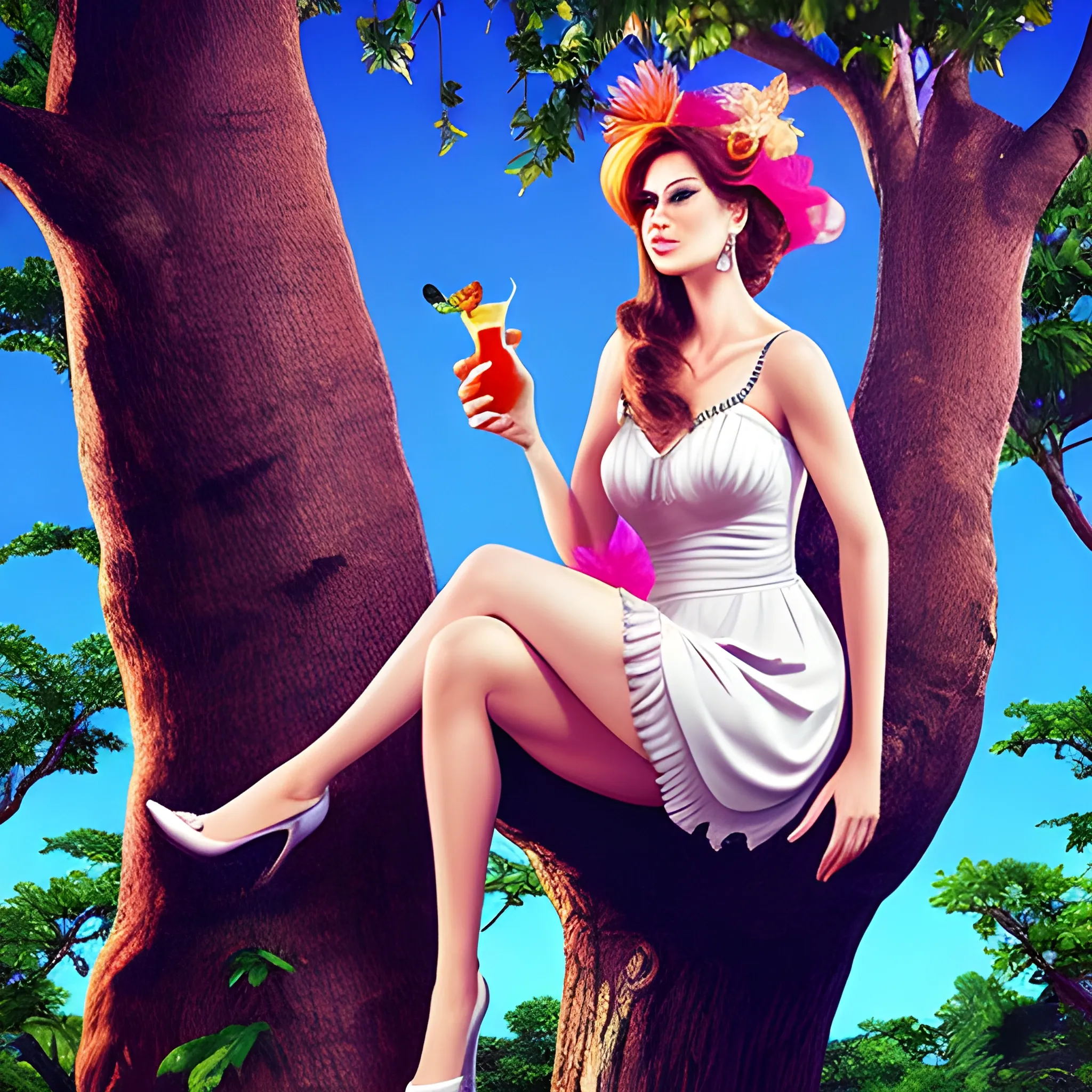 An beautiful woman sits in a tree drinking a cocktail, Trippy