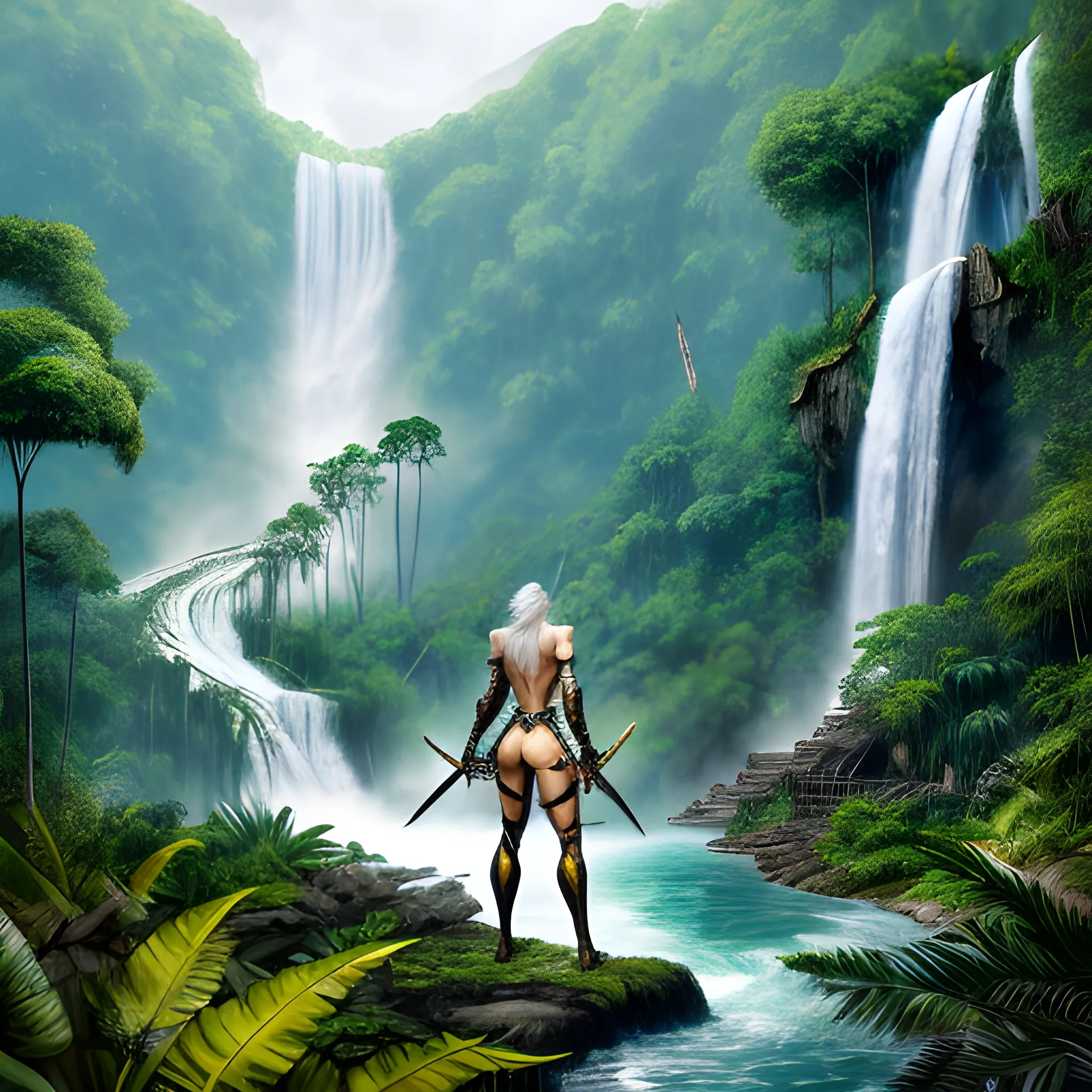 A young female savage, dressed in light leather armor. long tangled ash white hair, green yellow eyes, long legs, barefoot. With a sword in his hand, he quickly rides on a Tiger through the jungle. In the background are mountains, old jungle ruins and a waterfall. Full length images of the characters.