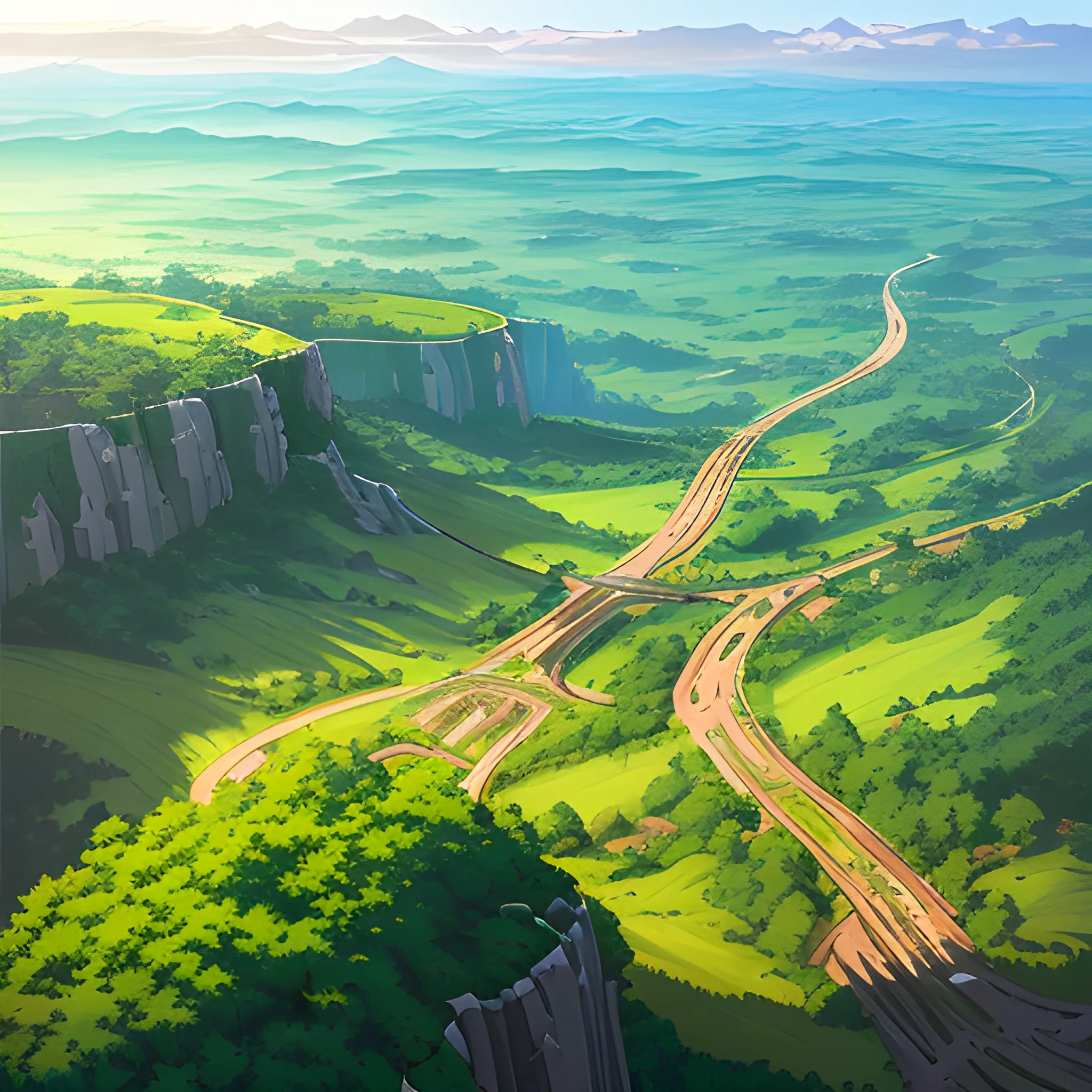 aerial view of an wide landscape with brush, greenery, small road and a sky, ray of sunshine... in the style of makoto shinkai and greg rutkowski and albert bierstadt and james gurney, Cartoon