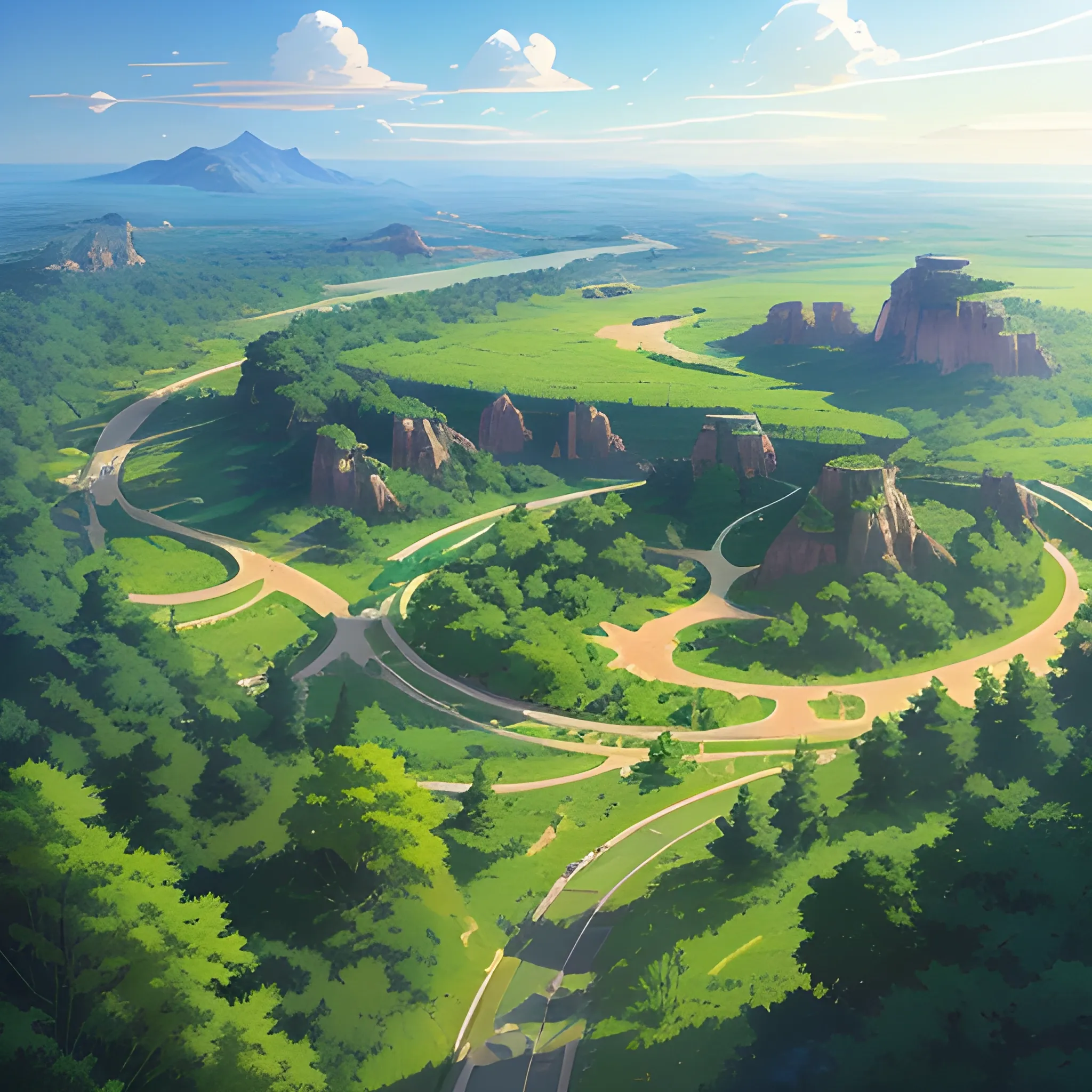 aerial view of an wide landscape with brush, greenery, small road and a sky, ray of sunshine... in the style of makoto shinkai and greg rutkowski and albert bierstadt and james gurney, Cartoon