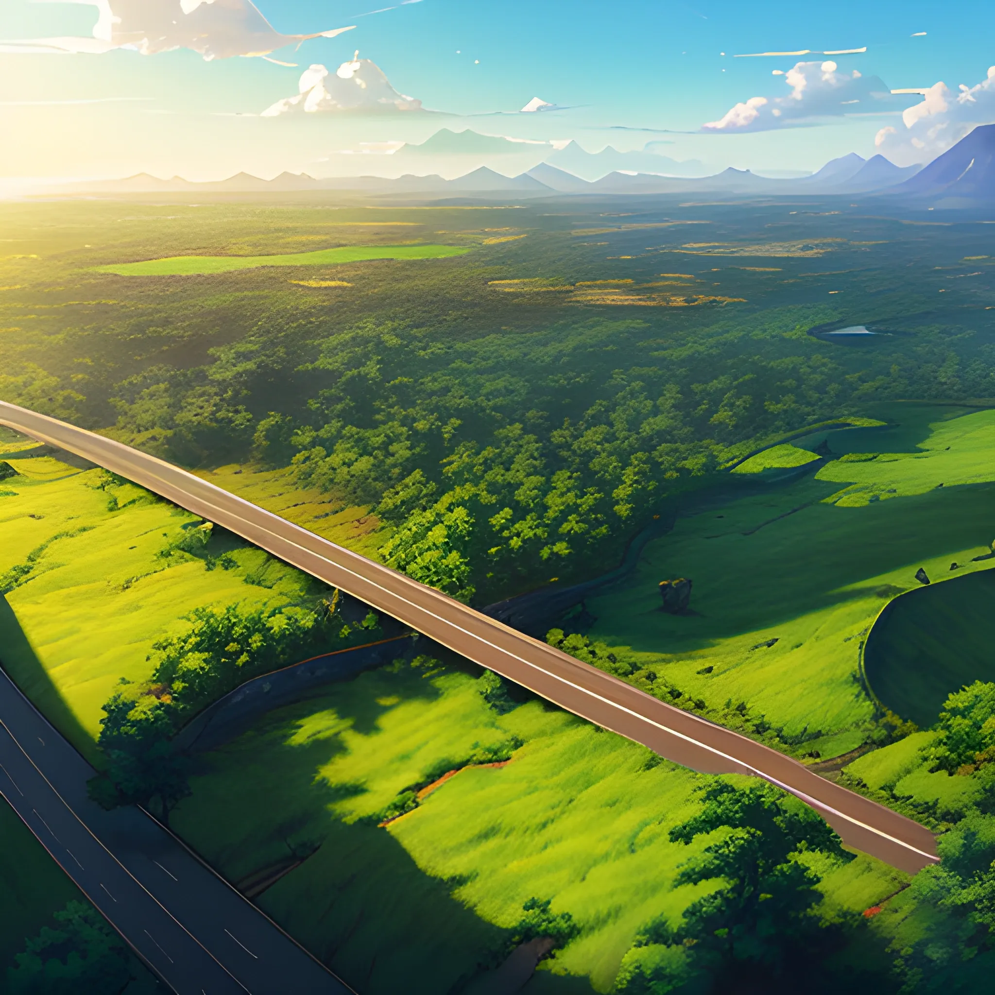 aerial view of an wide landscape with brush, greenery, small road and a sky, ray of sunshine... in the style of makoto shinkai and greg rutkowski and albert bierstadt and james gurney, Cartoon