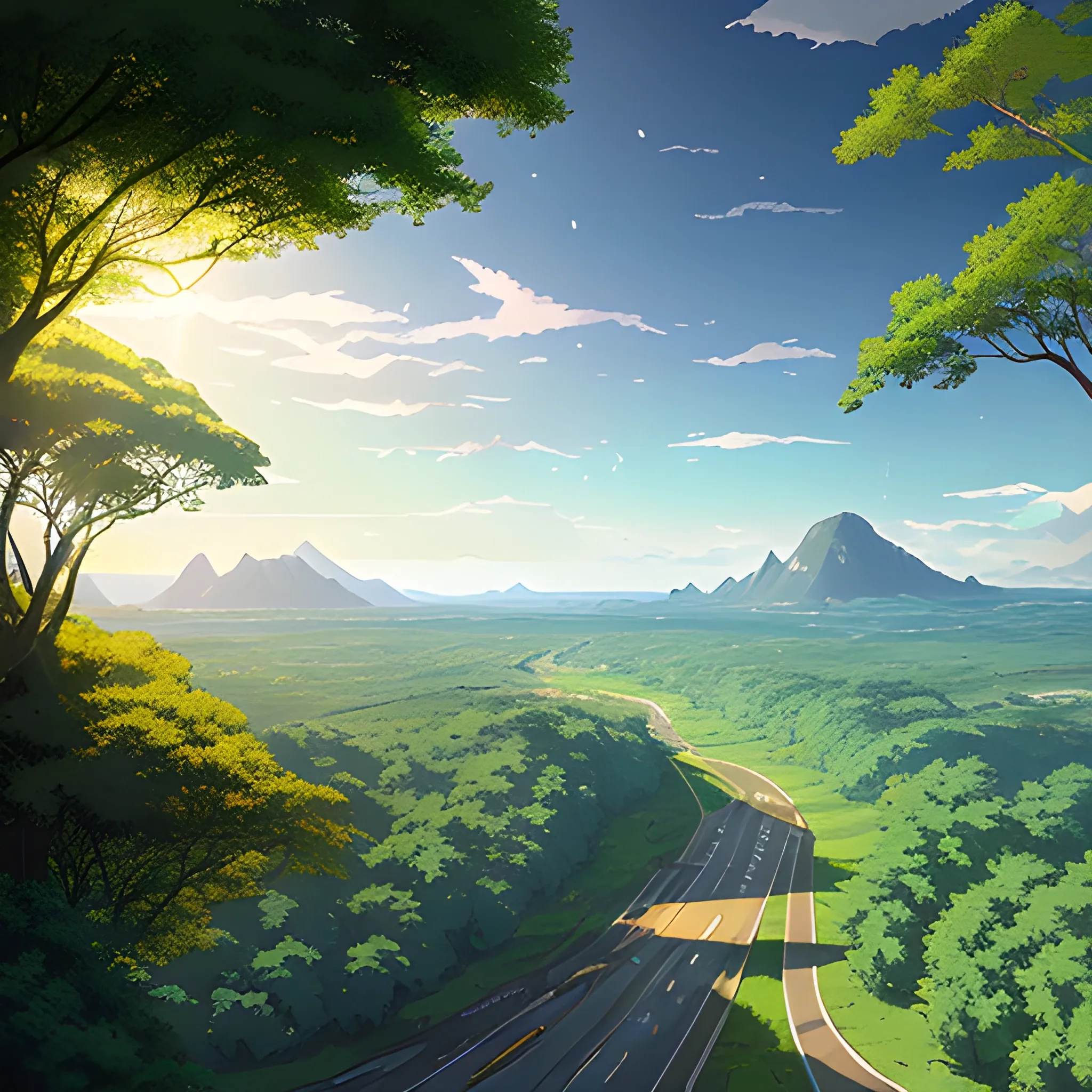 aerial view of an wide landscape with brush, greenery, small road and a sky, ray of sunshine... in the style of makoto shinkai and greg rutkowski and albert bierstadt and james gurney, Cartoon