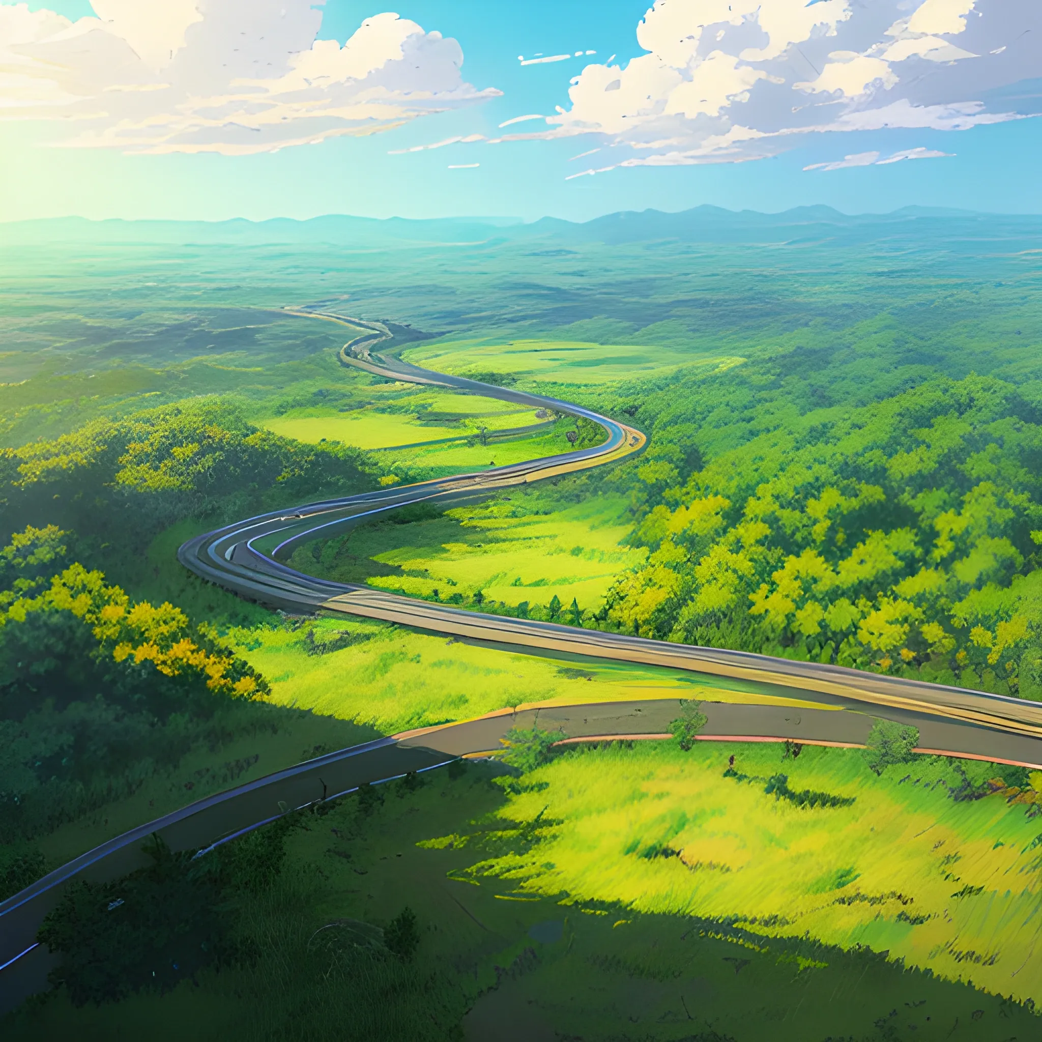 aerial view of an wide landscape with brush, greenery, small road and a sky, ray of sunshine... in the style of makoto shinkai and greg rutkowski and albert bierstadt and james gurney, Cartoon