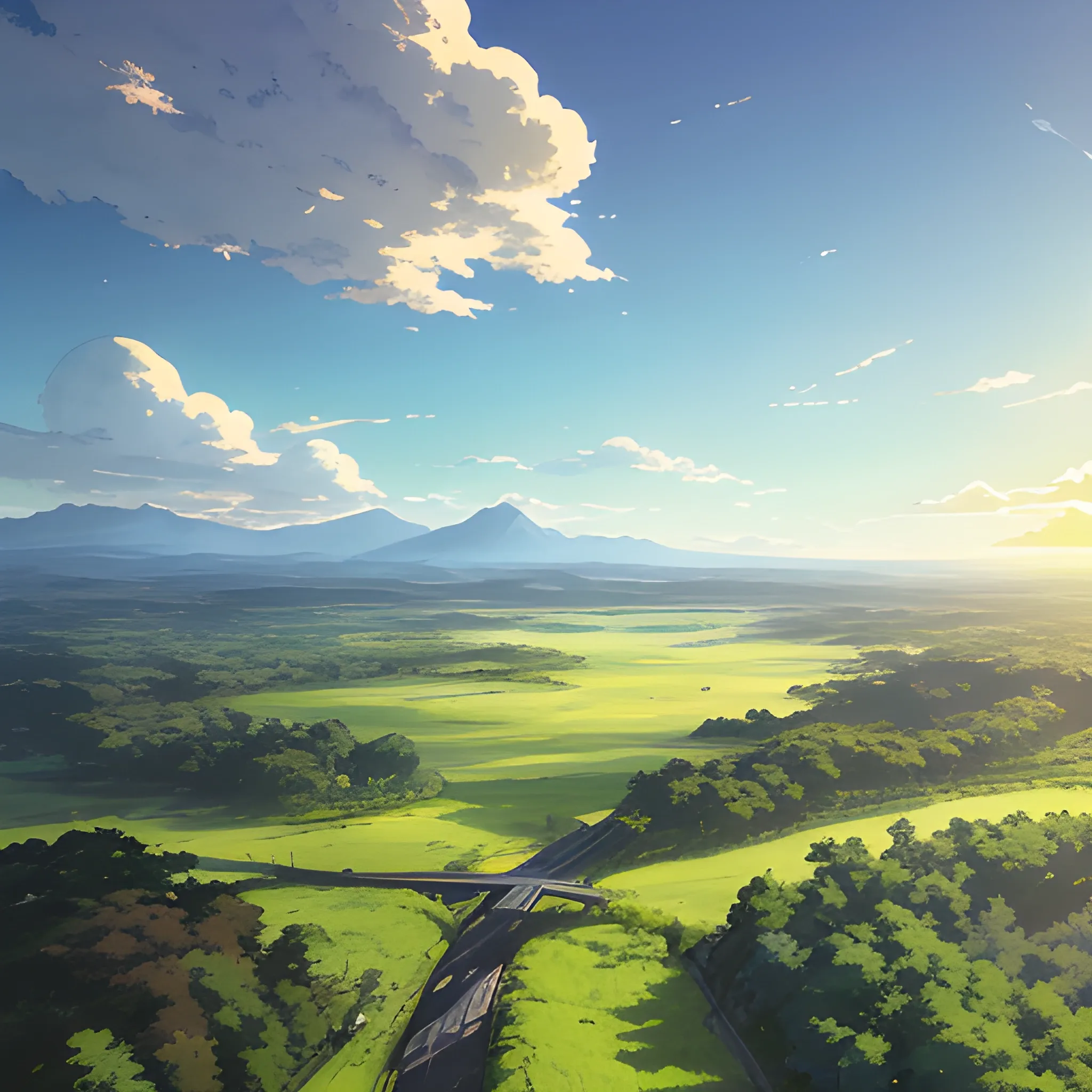 aerial view of an wide landscape with brush, greenery, small road and a sky, ray of sunshine... in the style of makoto shinkai and greg rutkowski and albert bierstadt and james gurney, Cartoon