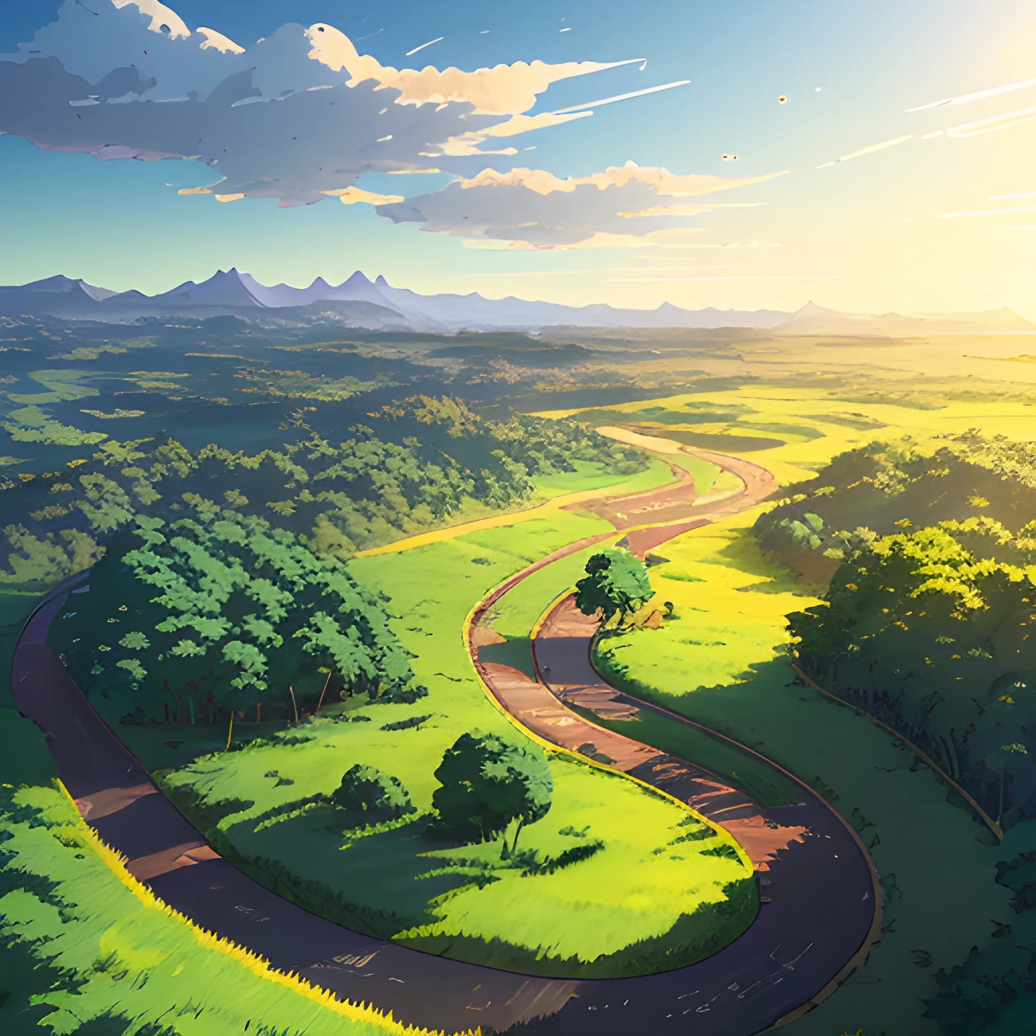 aerial view of an wide landscape with brush, greenery, small road and a sky, ray of sunshine... in the style of makoto shinkai and greg rutkowski and albert bierstadt and james gurney, Cartoon