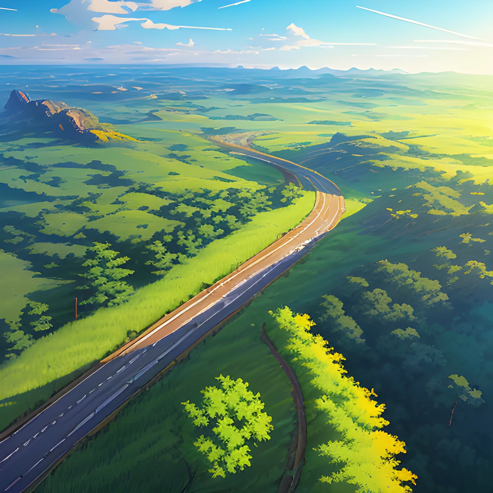 aerial view of an wide landscape with brush, greenery, small road and a sky, ray of sunshine... in the style of makoto shinkai and greg rutkowski and albert bierstadt and james gurney, Cartoon