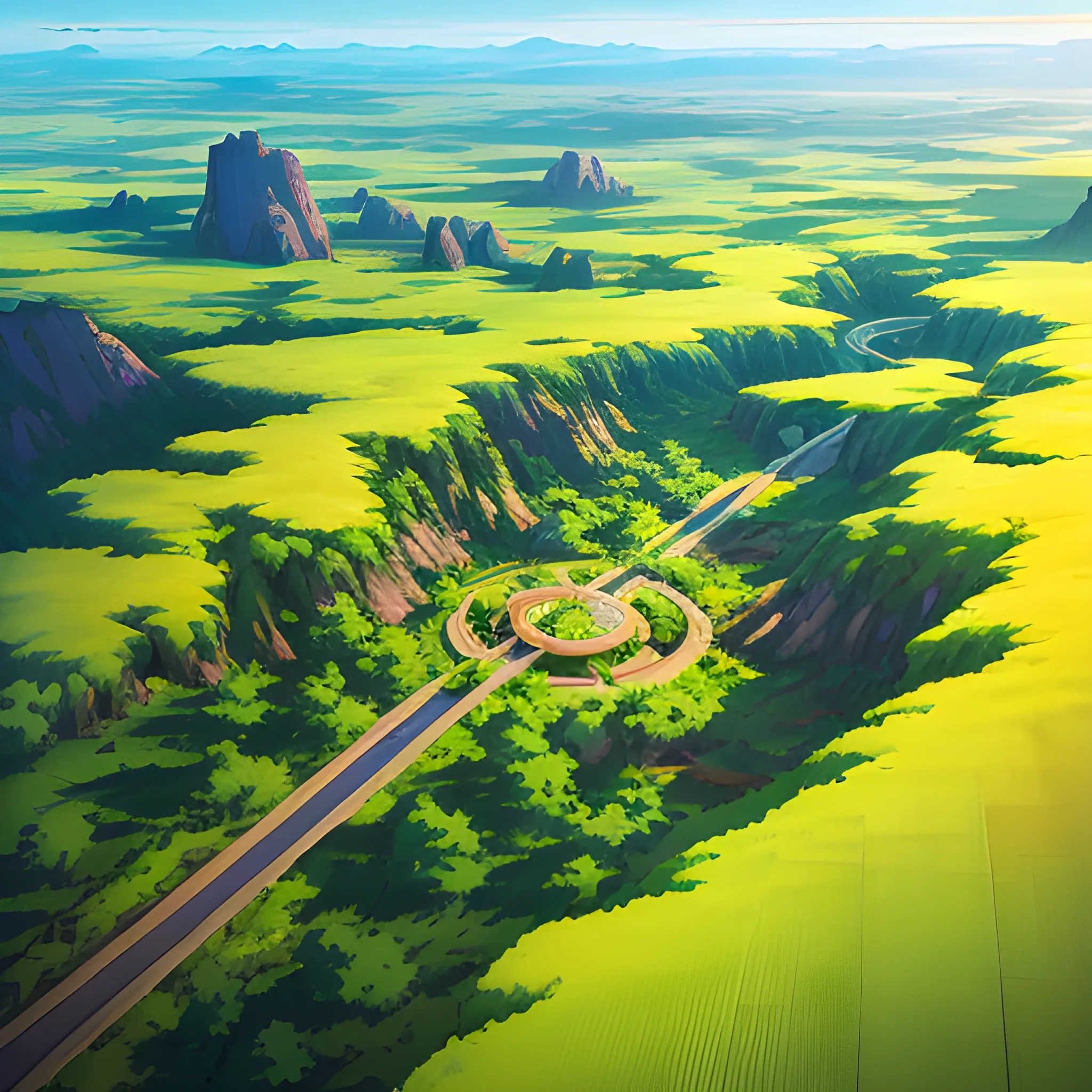 aerial view of an wide landscape with brush, greenery, small road and a sky, ray of sunshine... in the style of makoto shinkai and greg rutkowski and albert bierstadt and james gurney, Cartoon