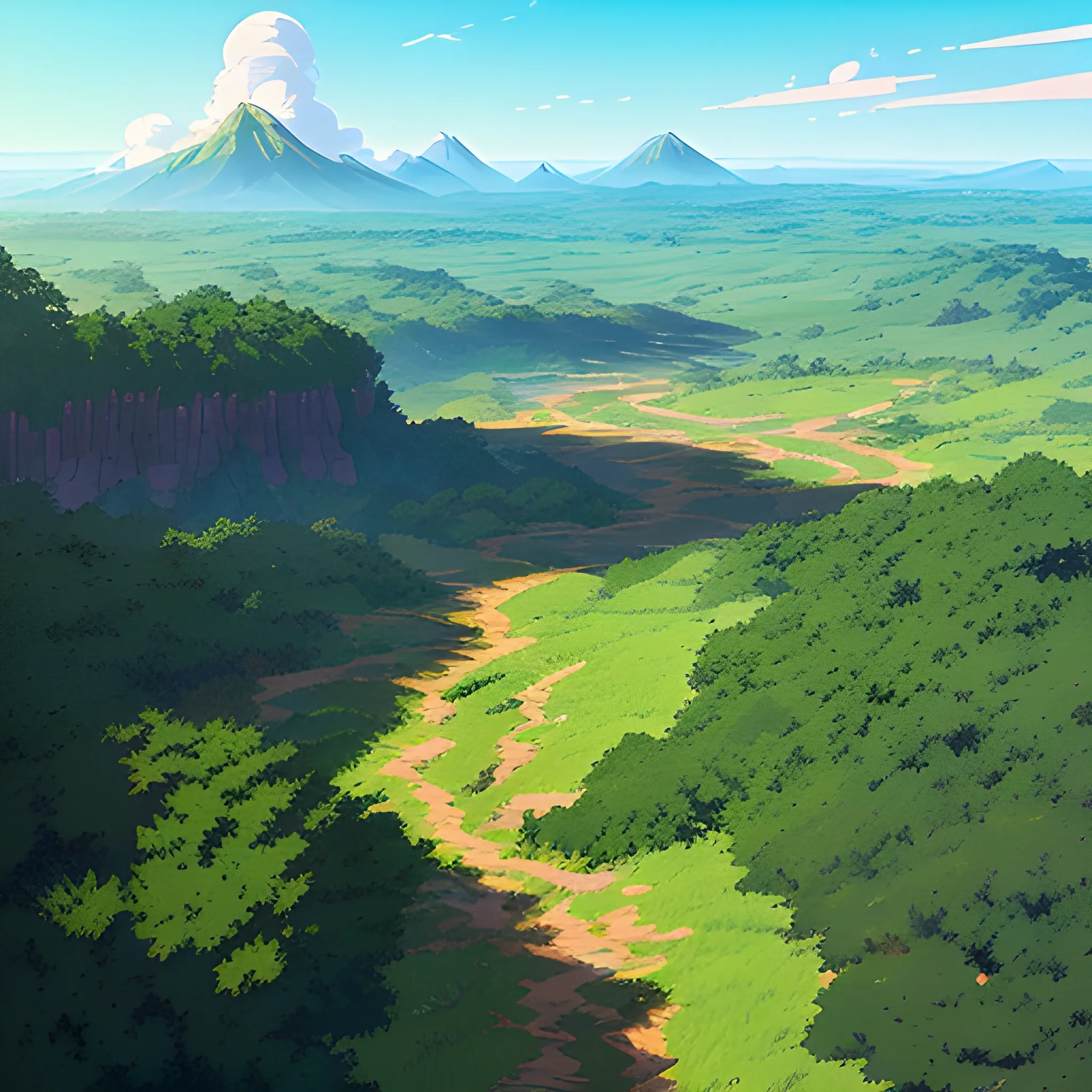 aerial view of an wide landscape with brush, greenery, small road and a sky, ray of sunshine... in the style of makoto shinkai and greg rutkowski and albert bierstadt and james gurney, Cartoon