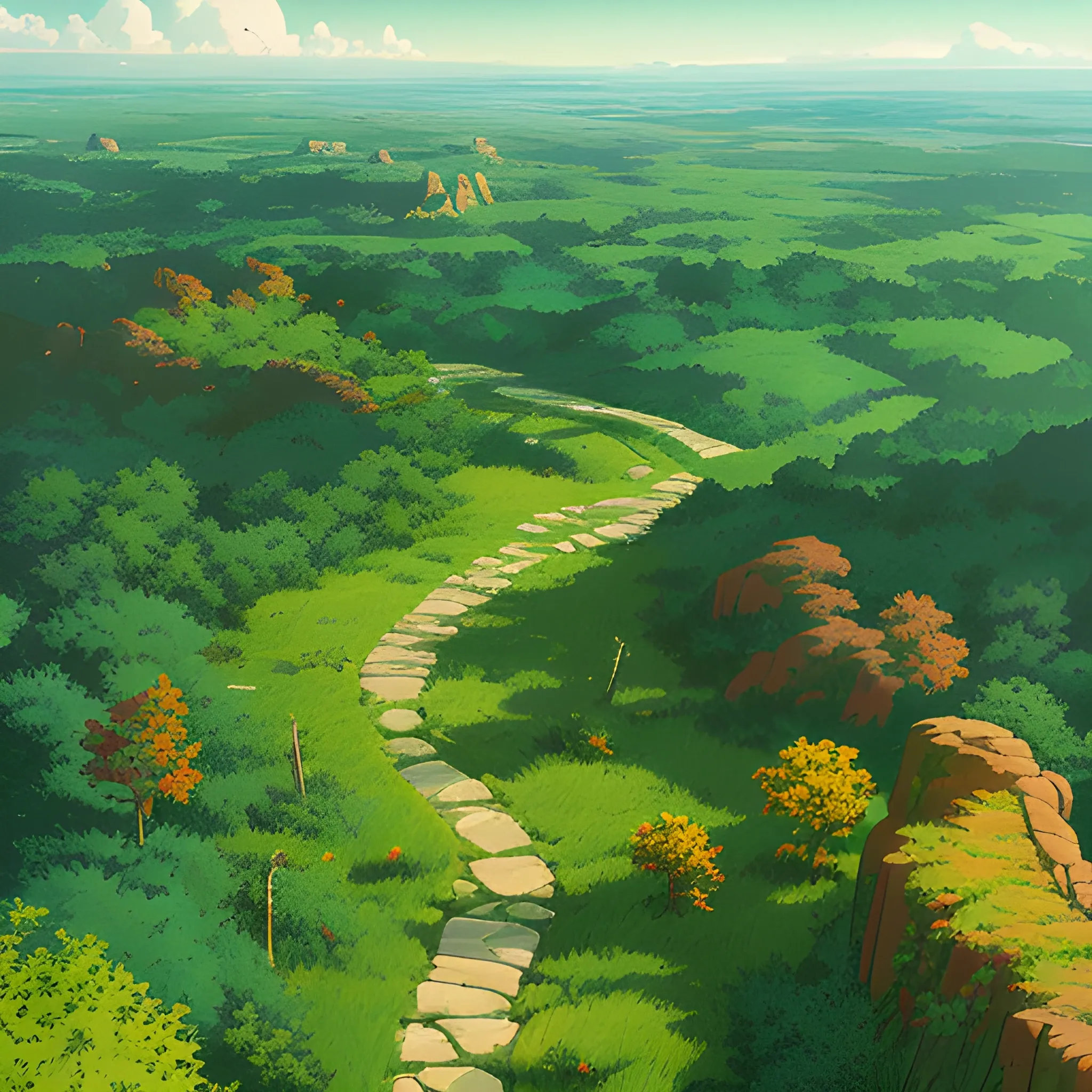 aerial view of an wide landscape with brush, greenery, small path and a sky... in the style of makoto shinkai and greg rutkowski and albert bierstadt and james gurney, Cartoon