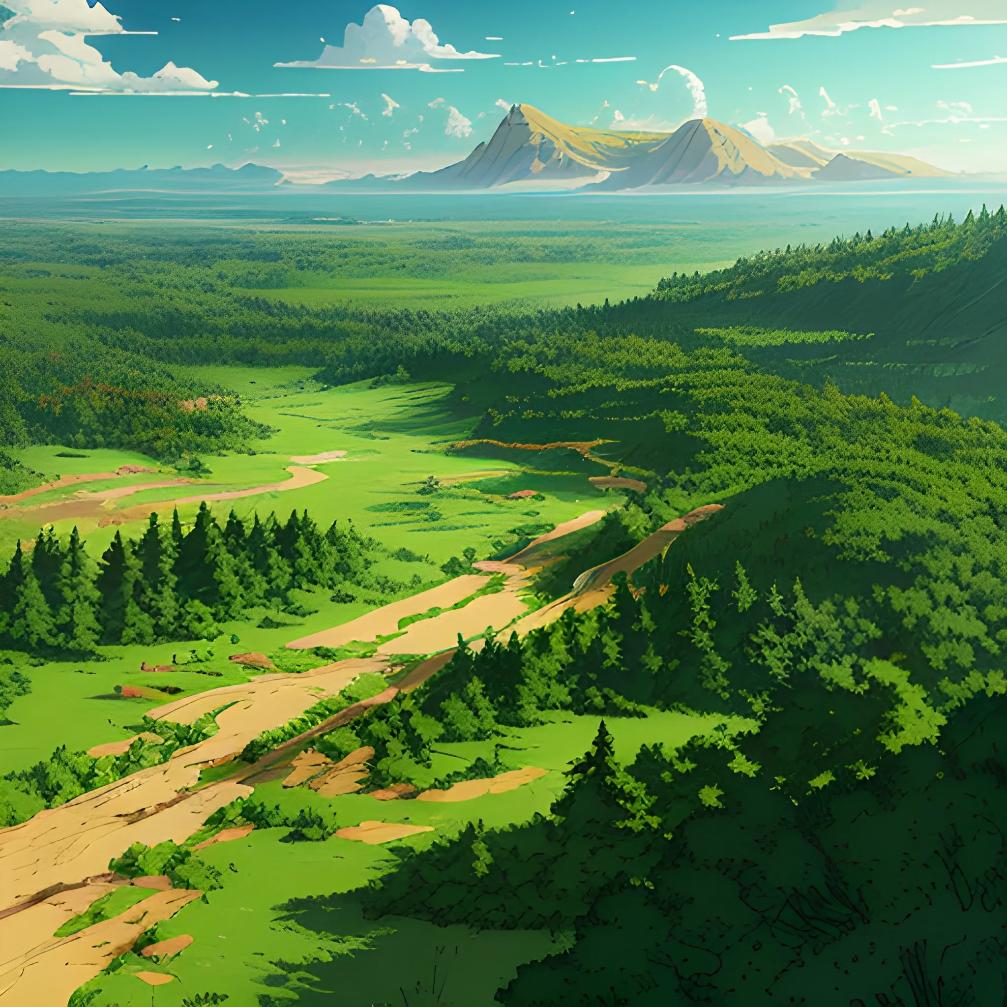 aerial view of an wide landscape with brush, greenery, small path and a sky... in the style of makoto shinkai and greg rutkowski and albert bierstadt and james gurney, Cartoon