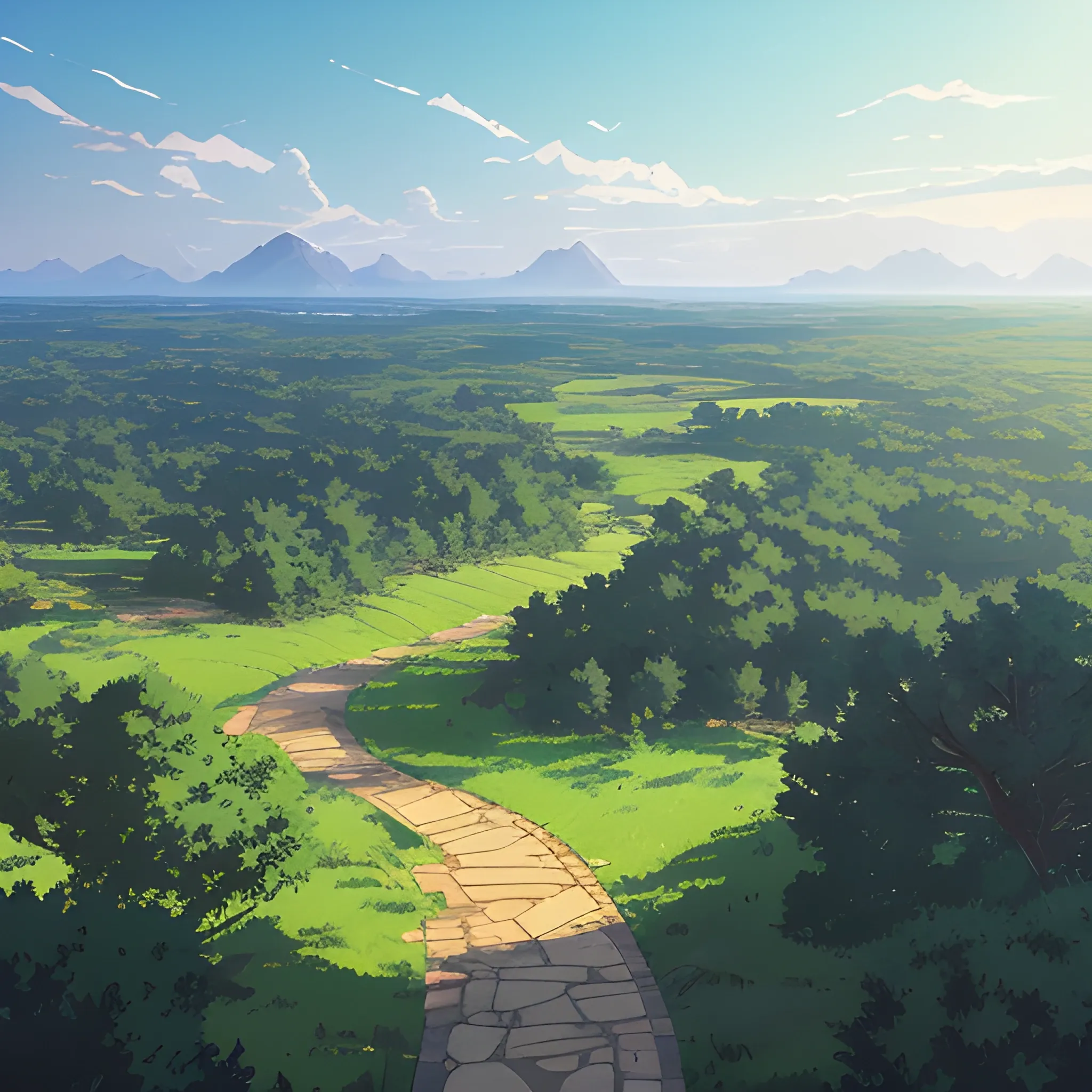 aerial view of an wide landscape with brush, greenery, small path and a sky... in the style of makoto shinkai and greg rutkowski and albert bierstadt and james gurney, Cartoon