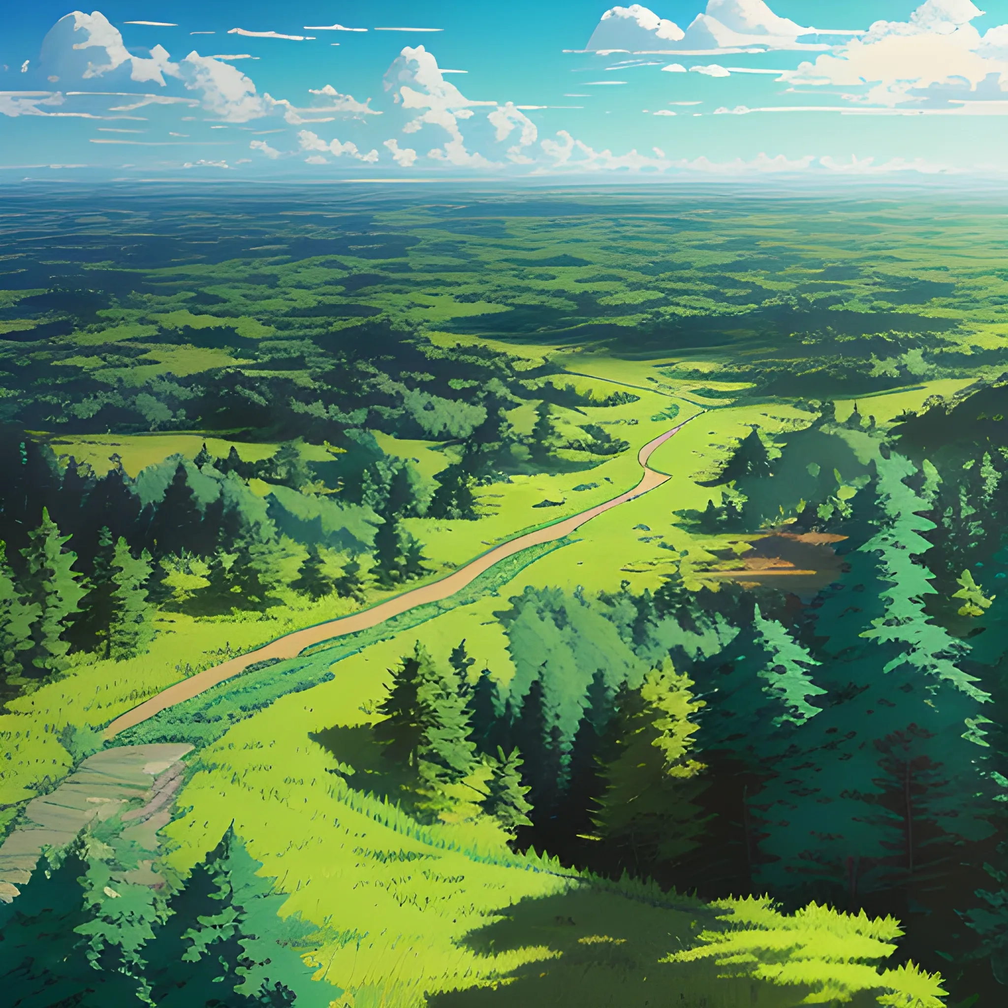 aerial view of an wide landscape with brush, greenery, small path and a sky... in the style of makoto shinkai and greg rutkowski and albert bierstadt and james gurney, Cartoon