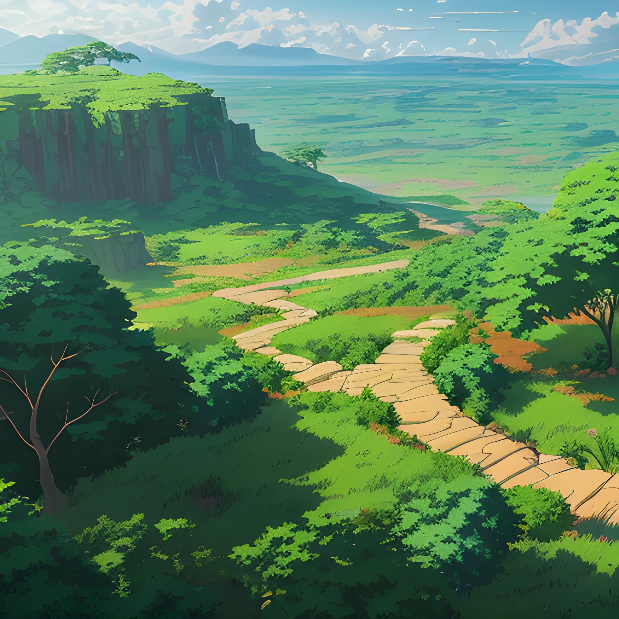 aerial view of an wide landscape with brush, greenery, small path and a sky... in the style of makoto shinkai and greg rutkowski and albert bierstadt and james gurney, Cartoon