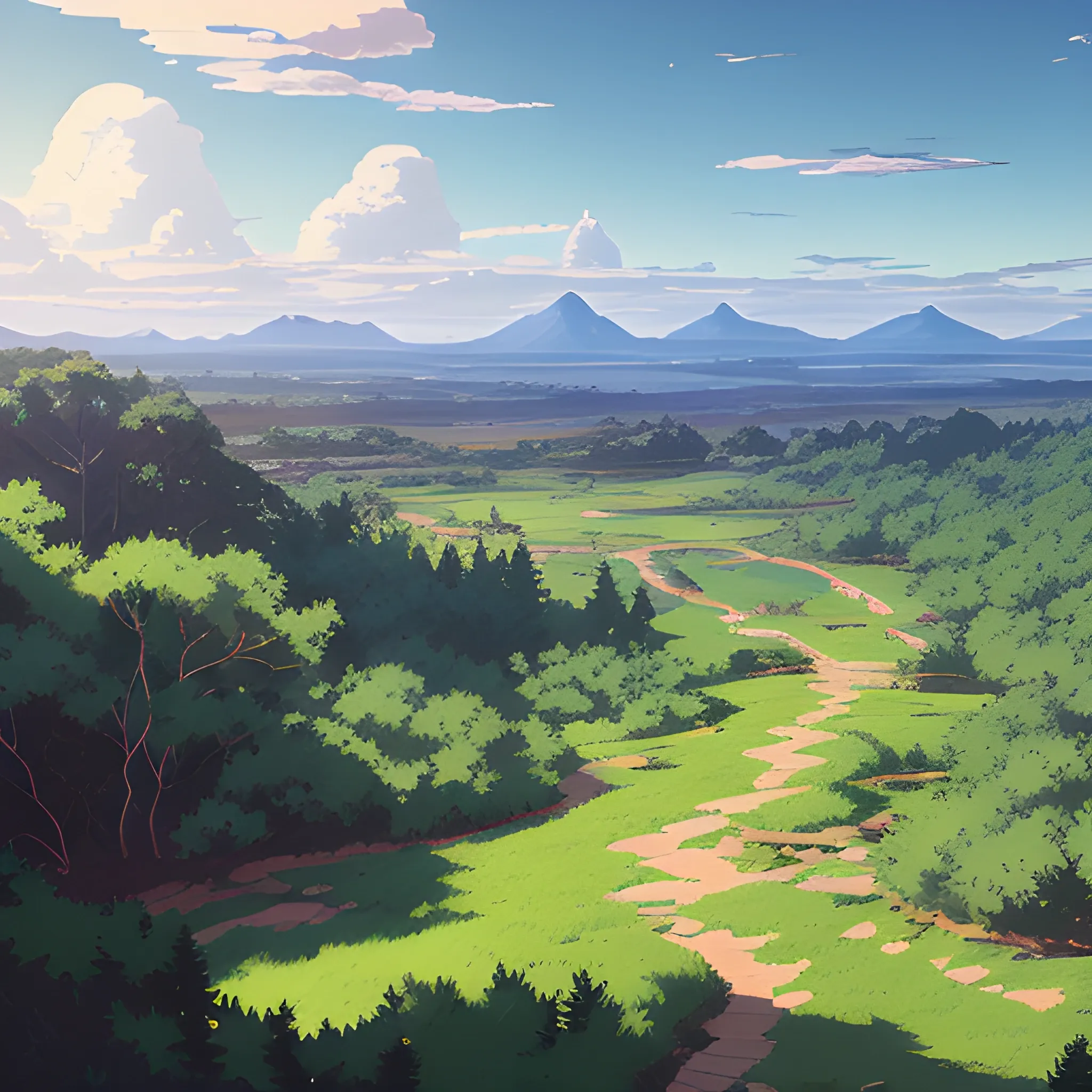 aerial view of an wide landscape with brush, greenery, small path and a sky... in the style of makoto shinkai and greg rutkowski and albert bierstadt and james gurney, Cartoon