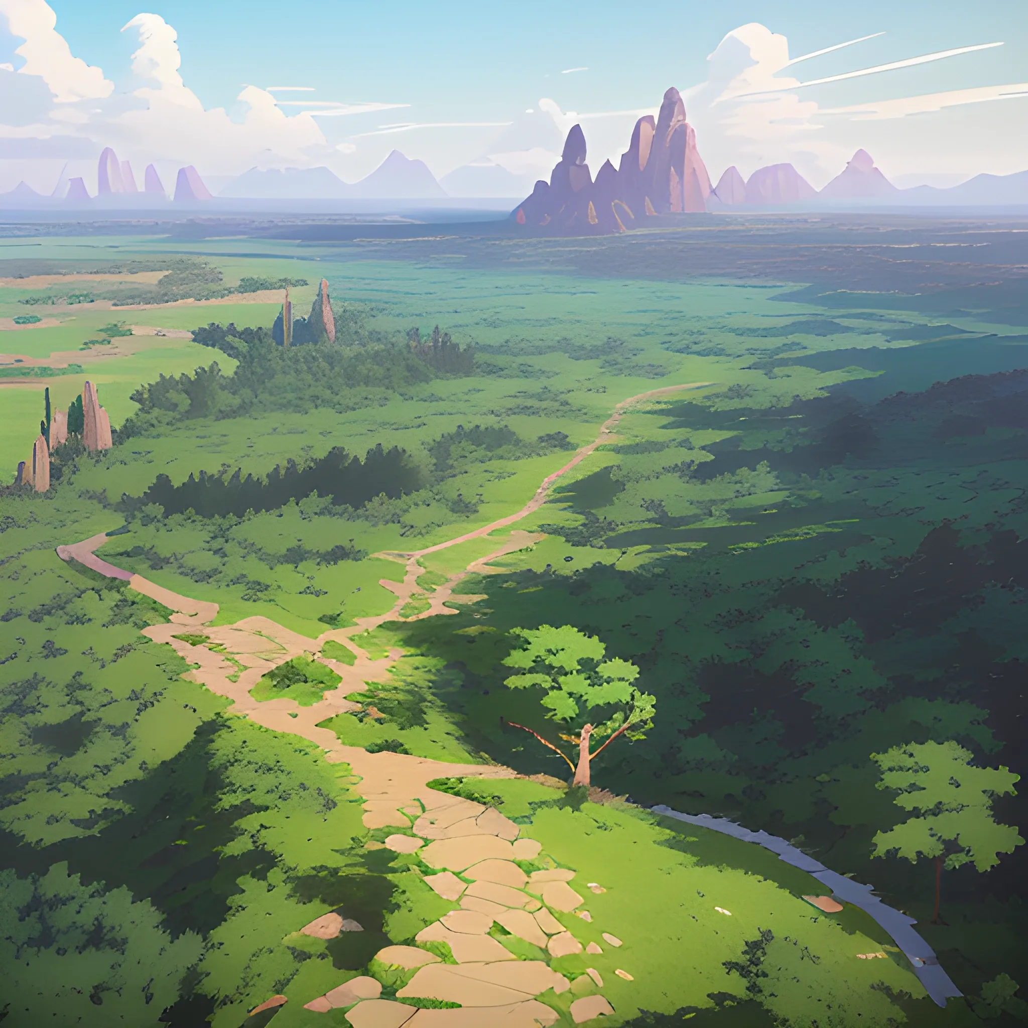 aerial view of an wide landscape with brush, greenery, small path and a sky... in the style of makoto shinkai and greg rutkowski and albert bierstadt and james gurney, Cartoon