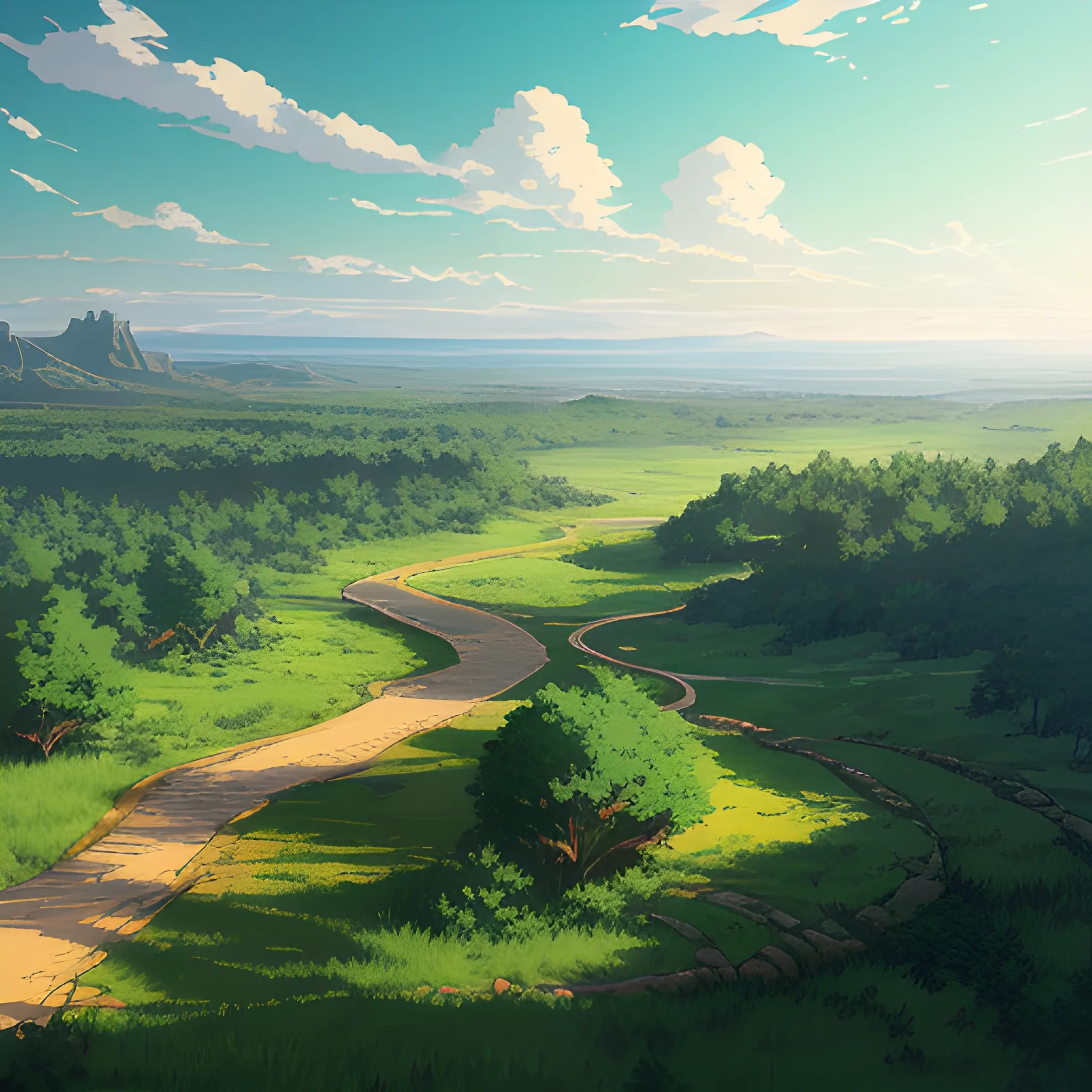 aerial view of an wide landscape with brush, greenery, small path and a sky... in the style of makoto shinkai and greg rutkowski and albert bierstadt and james gurney, Cartoon