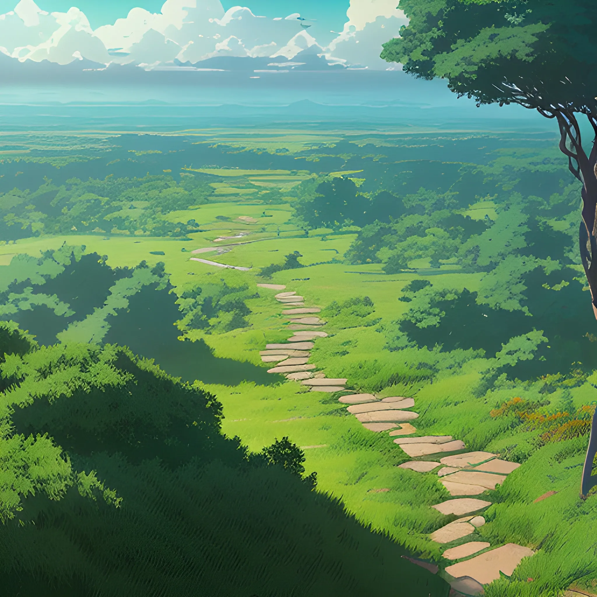 aerial view of an wide landscape with brush, greenery, small path and a sky... in the style of makoto shinkai and greg rutkowski and albert bierstadt and james gurney, Cartoon