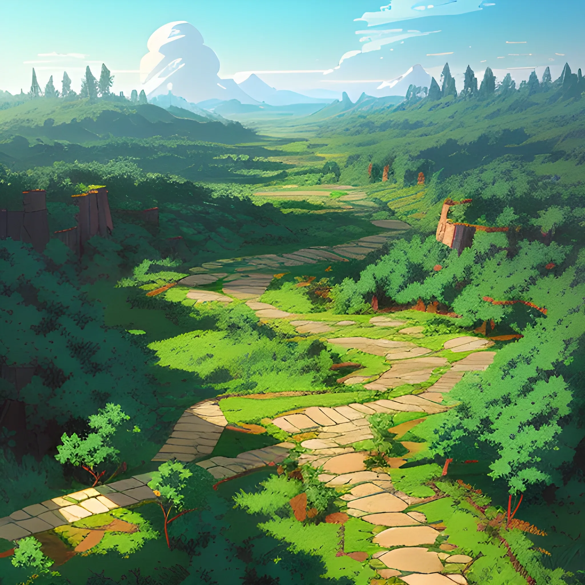 aerial view of an wide landscape with brush, greenery, small path and a sky... in the style of makoto shinkai and greg rutkowski and albert bierstadt and james gurney, Cartoon